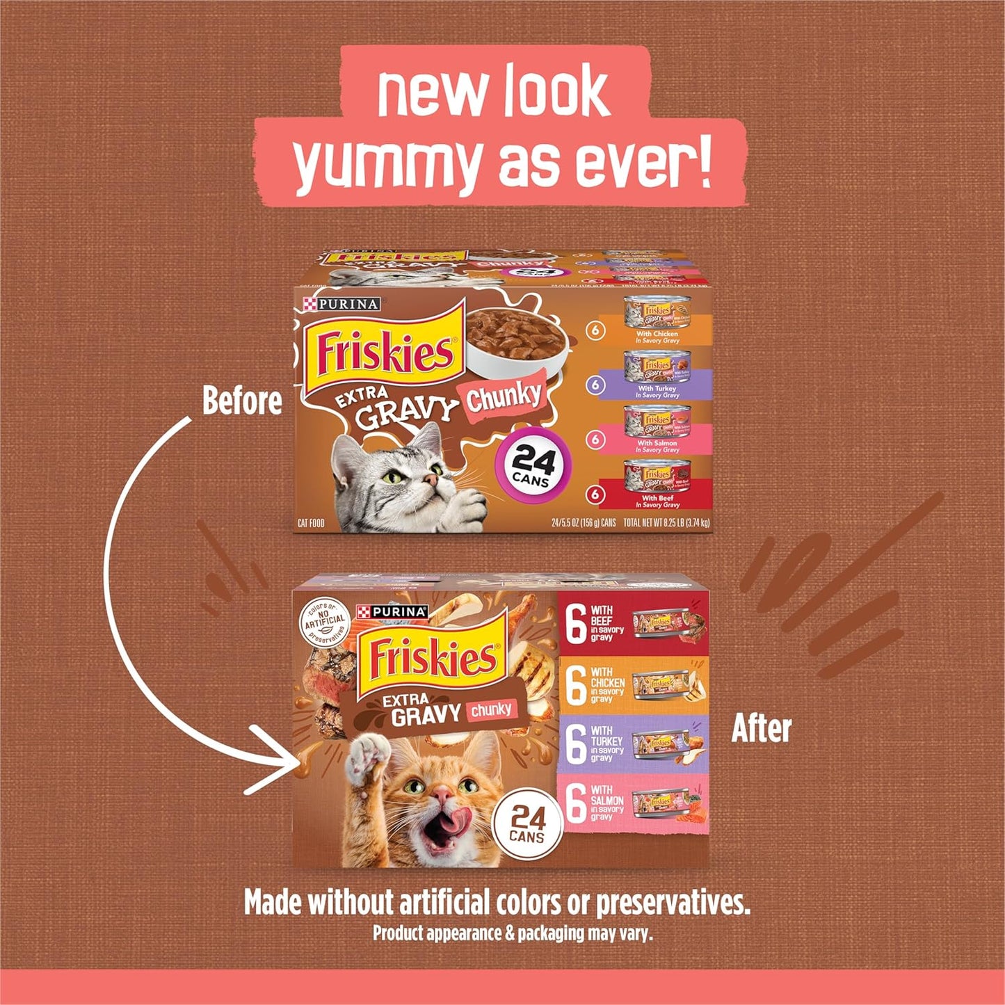 Purina Extra Gravy Wet Cat Food Chunky 24Ct Variety Pack (With Chicken, Turkey, Salmon, Beef) - (Pack of 24) 5.5 Oz. Cans