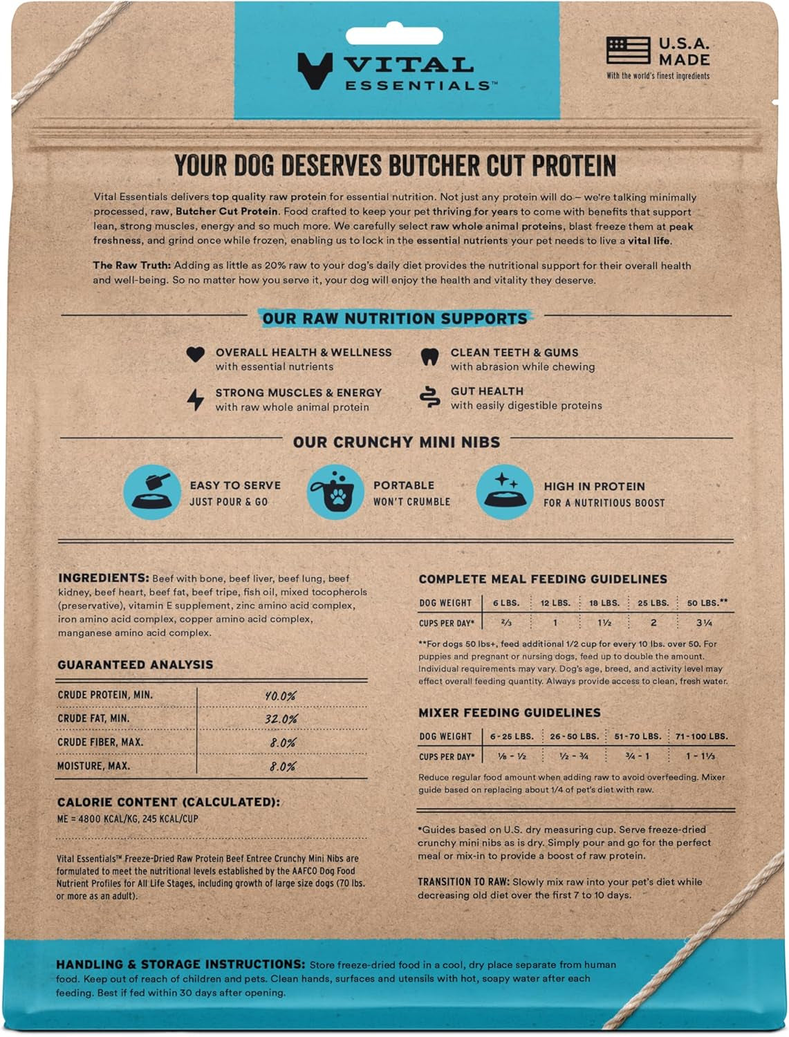 Freeze-Dried Raw Beef Meal or Mixer Dog Food Crunchy Mini Nibs, 25 Oz