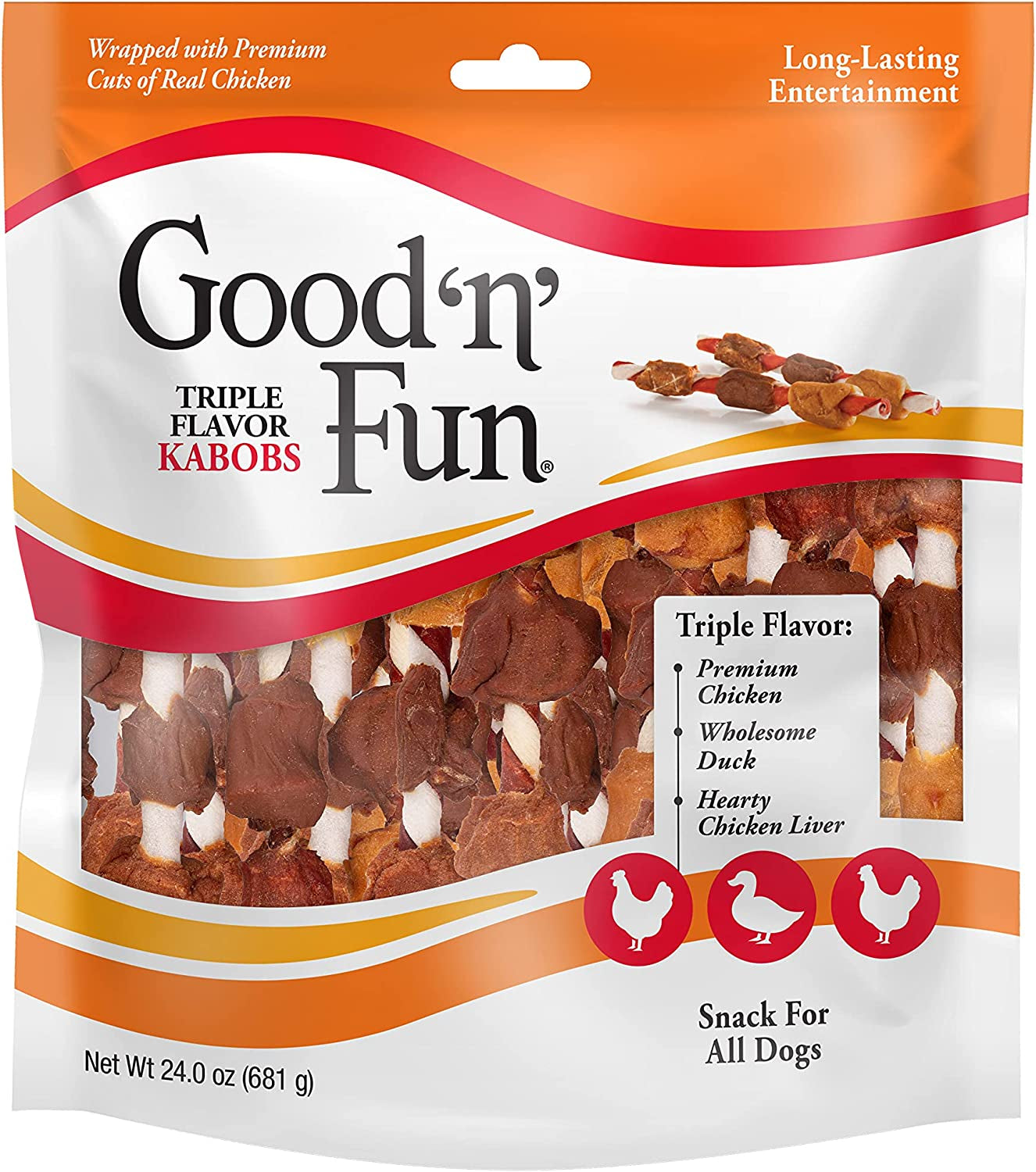 Good'N'Fun Triple Flavored Rawhide Kabobs for Dogs, 24 Oz, 36 Count, 2 Pack