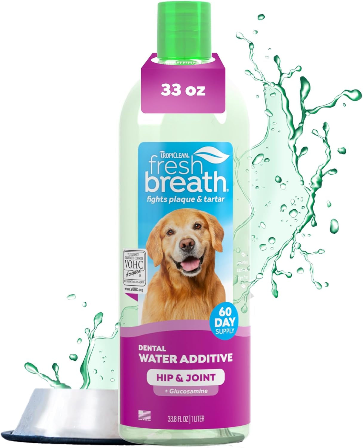 Fresh Breath Water Additive for Dogs with Glucosamine, Hip and Joint Support for Dogs, Breath Freshener & Teeth Cleaning Solution, 33.8Oz.