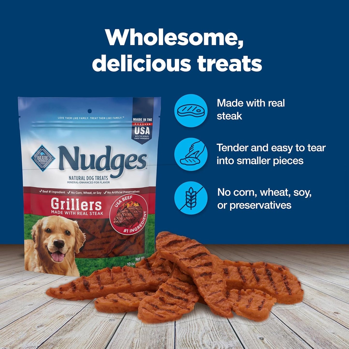 Nudges Grillers Natural Dog Treats, Steak, 10Oz