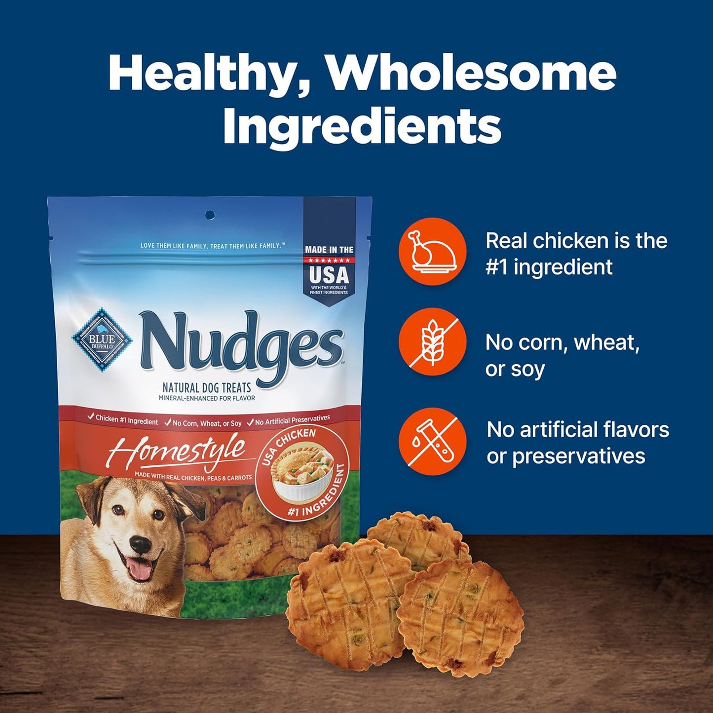 Nudges Homestyle Natural Dog Treats Made with Real Chicken, Made in the USA, Chicken, 10-Oz Bag