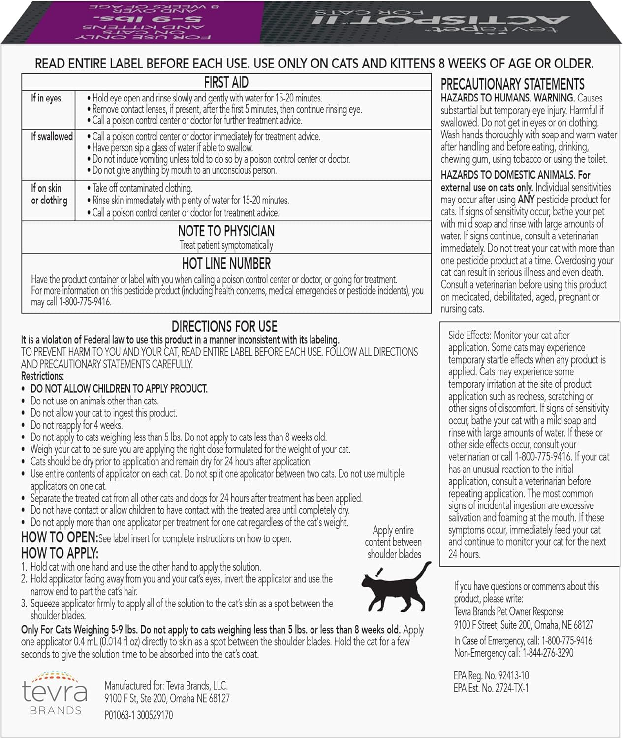 Actispot II Flea Treatment for Small and Medium Cats 5-9 Lbs | 6 Doses | Powerful Prevention and Control, Clear