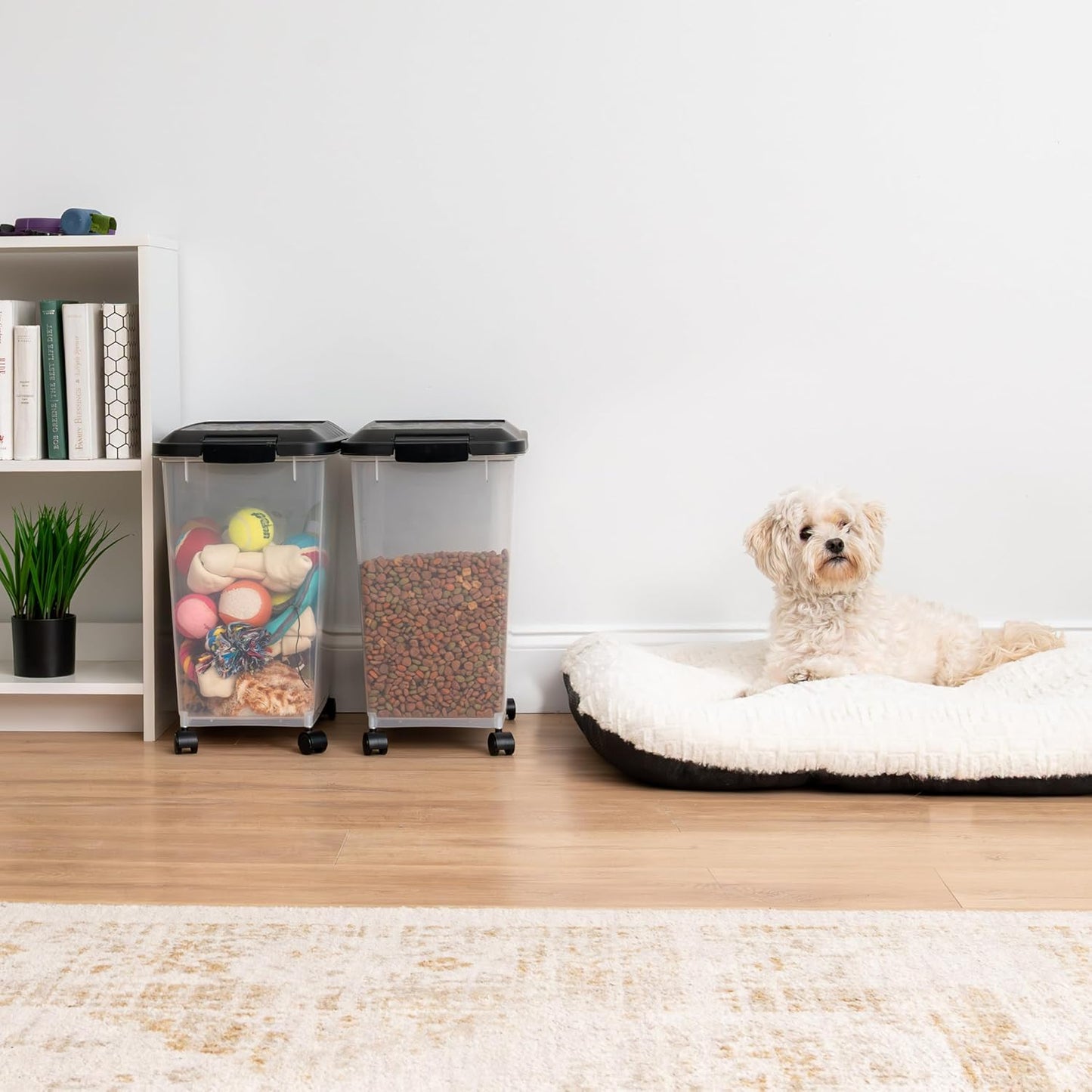 Dog Food Storage Container, 2 Pack, up to 30 Lbs Each, Airtight Seal for Freshness, Wheels for Rolling, Easy One Hand Opening, Made in USA, BPA Free, Clear/Black