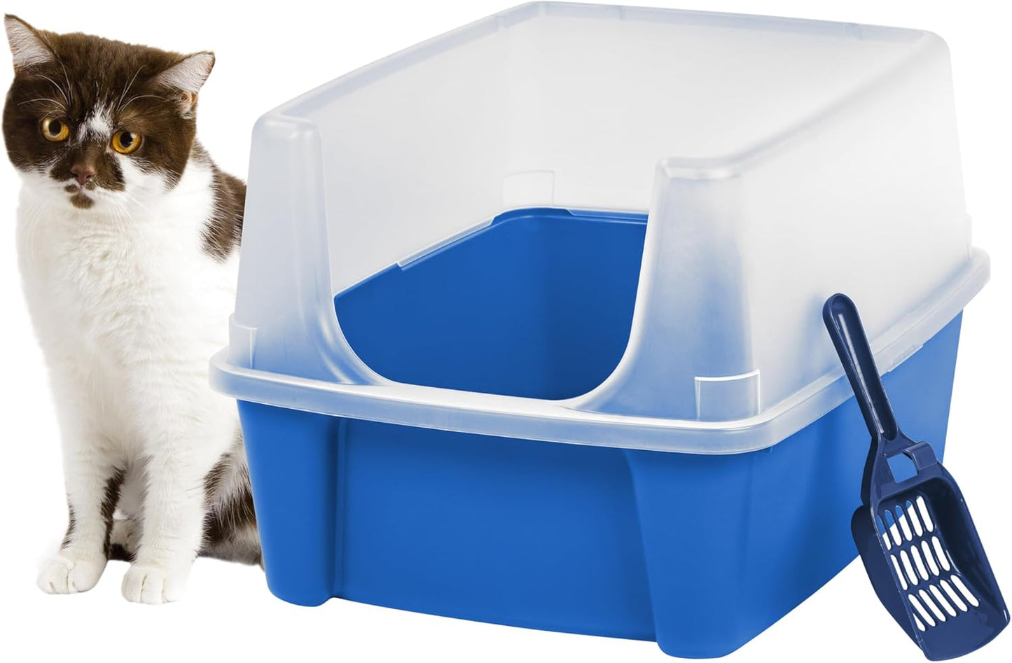 USA Large Cat Litter Box with Scatter Shield and Scoop, Open Top High Sided Cat Litter Pan, Blue