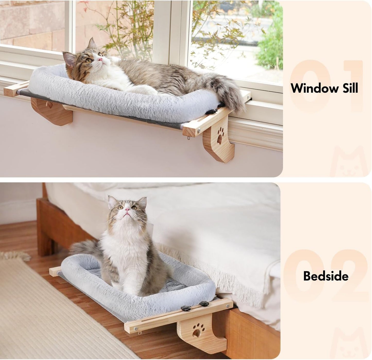 Cat Sill Window Perch Sturdy Hammock Window Seat with Cushion Cover, Wood & Metal Frame for Large Cats, Easy to Adjust Cat Bed for Windowsill, Bedside, Drawer and Cabinet (L)