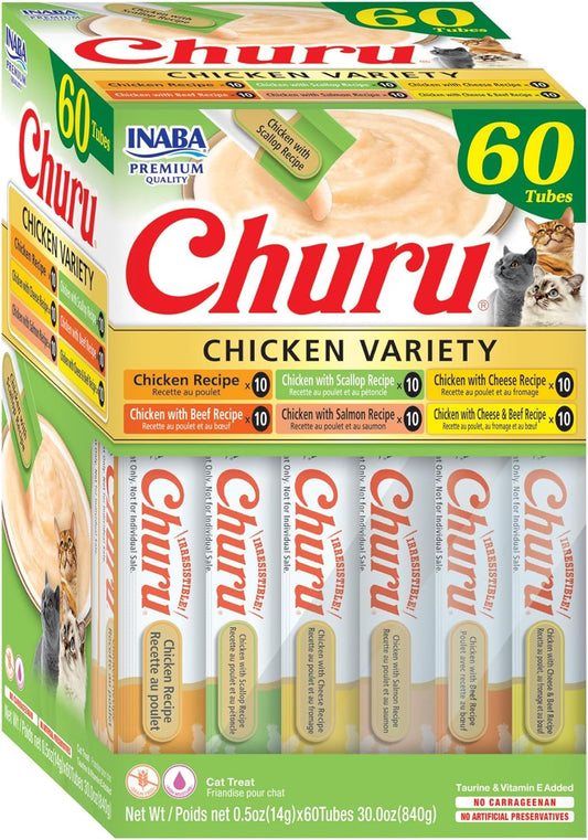Churu Cat Treats, Grain-Free, Lickable, Squeezable Creamy Purée Cat Treat/Topper, 60 Servings, Chicken Variety Box