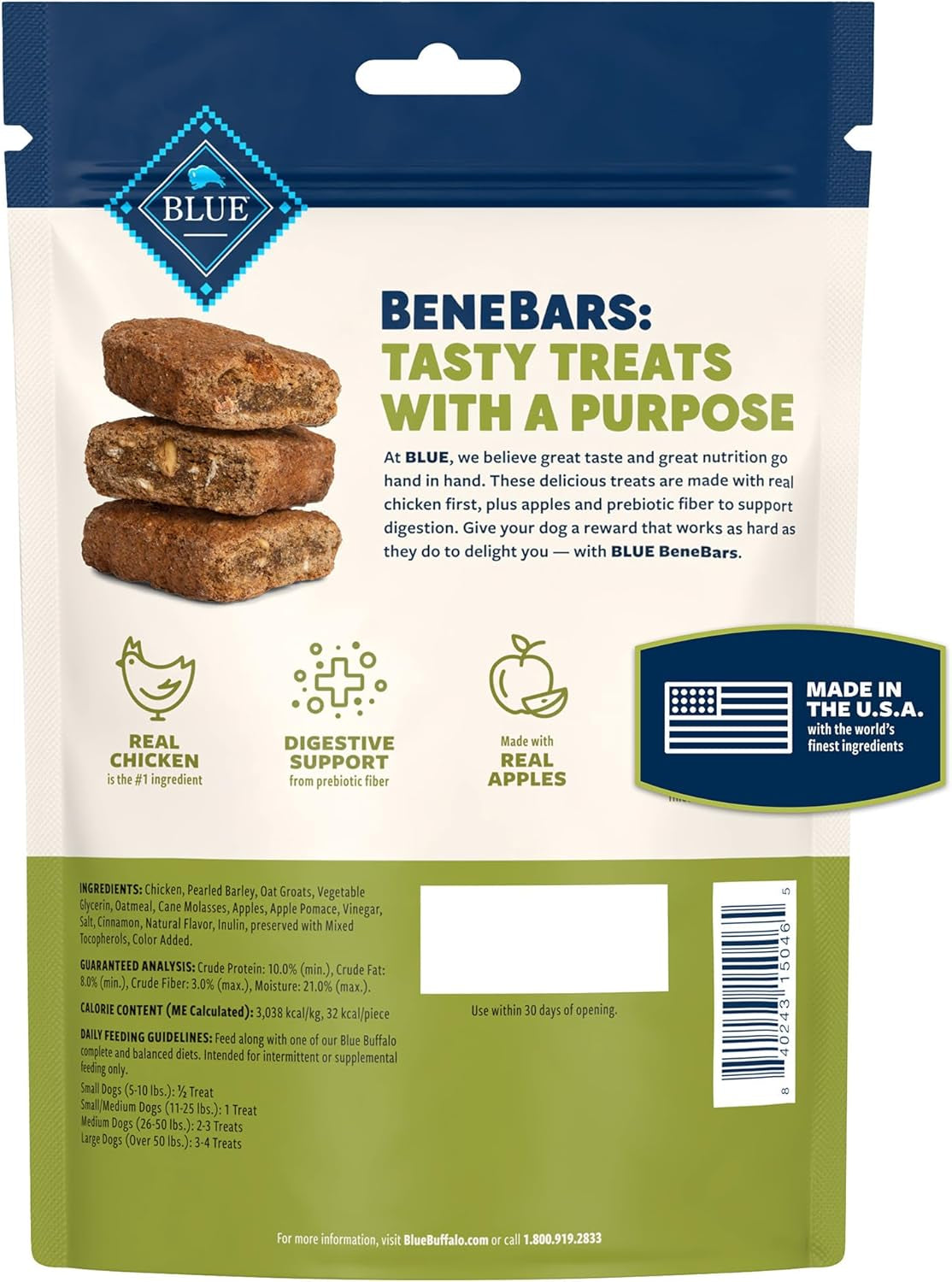 Benebars Digestive Support Dog Treats with Prebiotic Fiber, Made with Natural Ingredients, USA Chicken & Apple, 9-Oz Bag