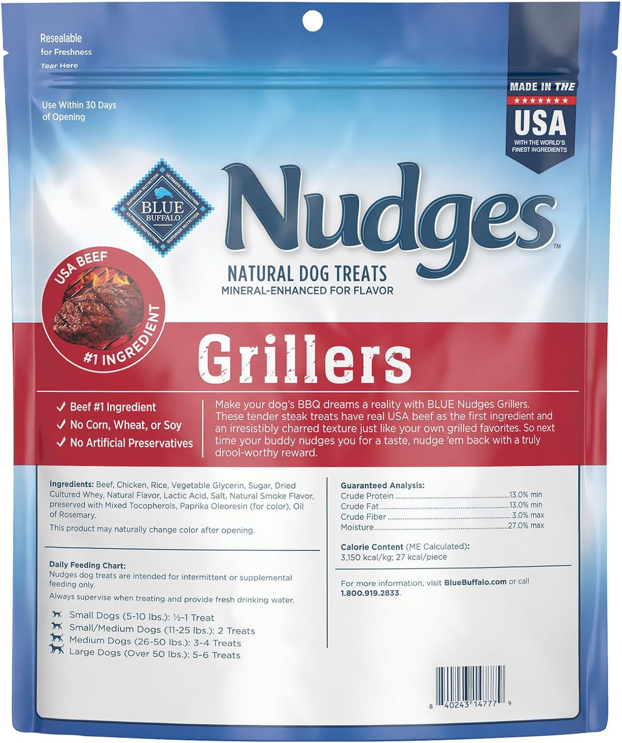 Nudges Grillers Natural Dog Treats with Real USA Beef, Made in the USA, Steak, 36-Oz Bag