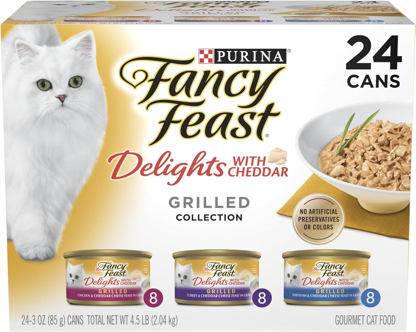 Purina Delights with Cheddar Grilled Chicken, Turkey or Whitefish and Cheddar Cheese Feast in Gravy Wet Cat Food Variety Pack - (Pack of 24) 3 Oz. Cans