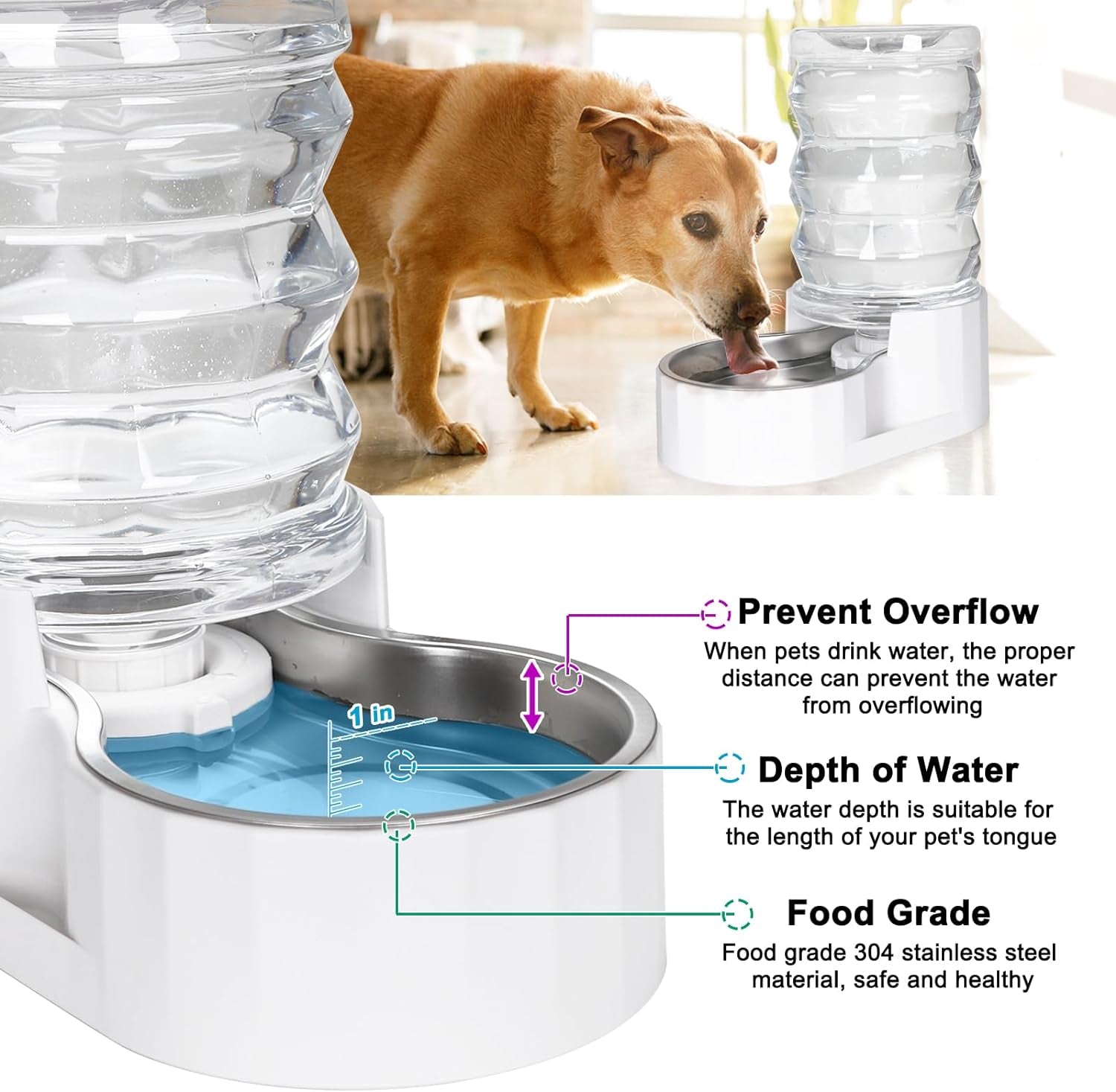 Automatic Gravity Pet Waterer: 7L White Stainless Steel Water Dispenser - Large Capacity Water Feeder for 25-35 LB Senior Dogs with Spinal Issues - for Living Room Bedroom