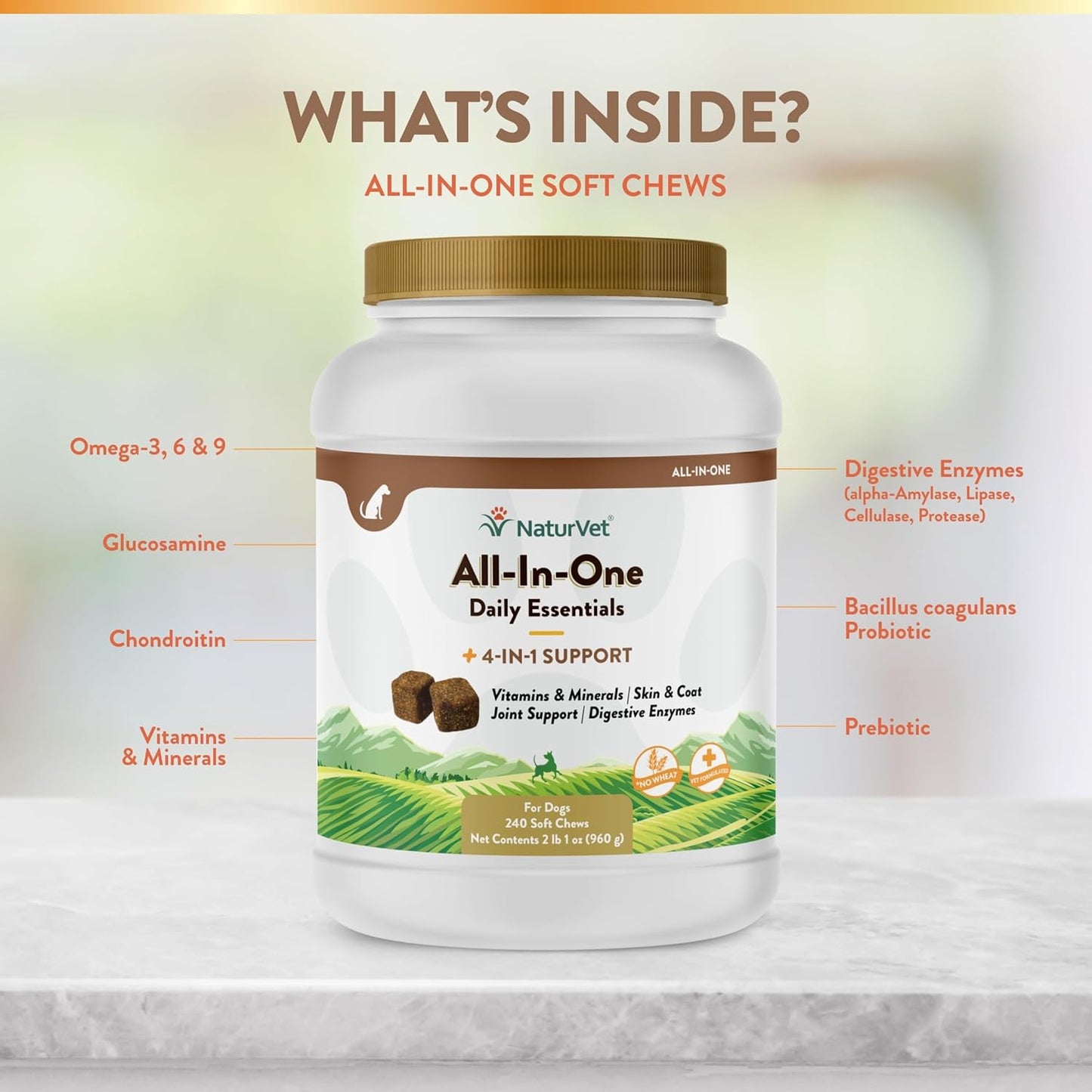 All-In-One Dog Supplement - for Joint Support, Digestion, Skin, Coat Care – Dog Multivitamins with Minerals, Omega-3, 6, 9 – Wheat-Free Vitamins for Dogs – 240 Soft Chews