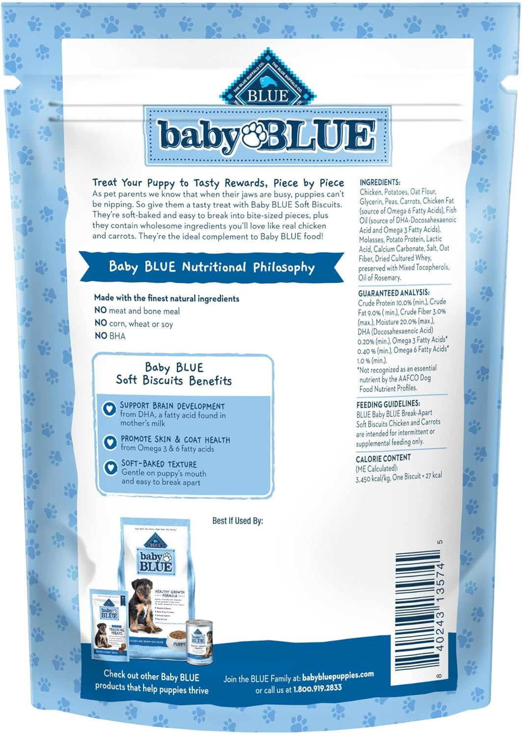 Baby BLUE Soft Biscuits with DHA, Natural Dog Treats for Puppies, Great for Training, with Chicken & Carrots, 8-Oz. Bag