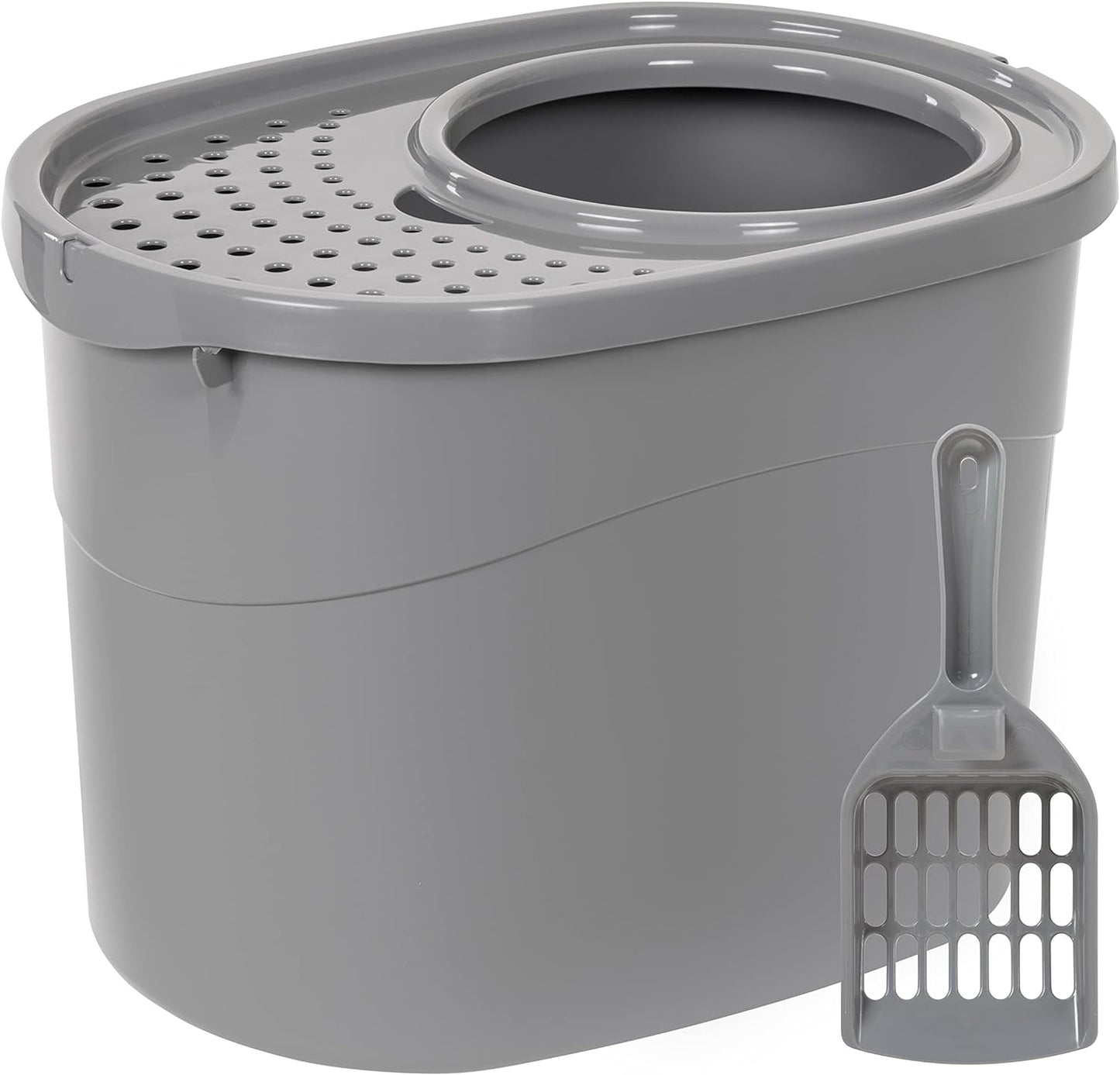 Large Cat Litter Box with High Sides, Top Entry, Includes Scoop, 20.5 X 14.75 X 14.38 Inches, Grey