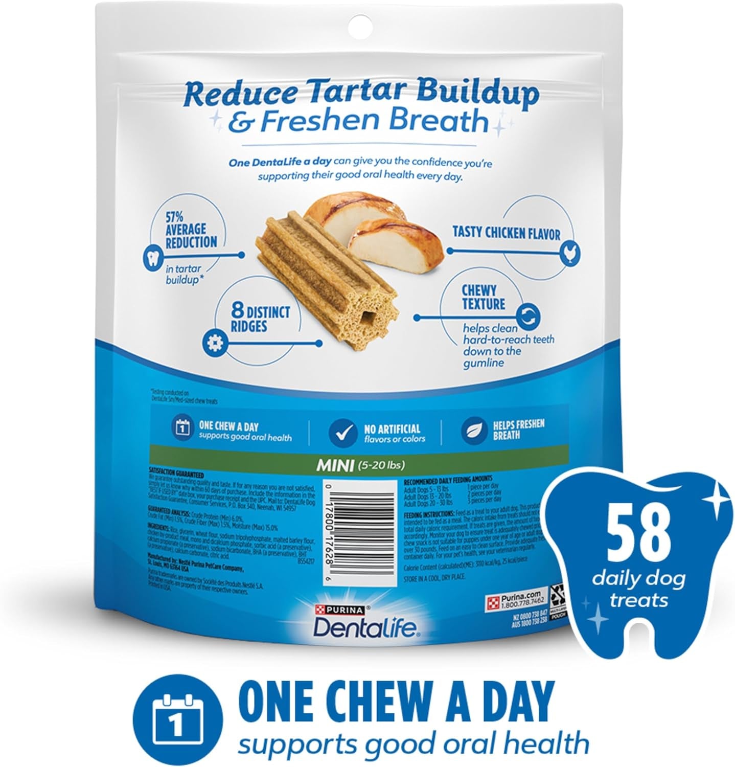 Daily Oral Care Dog Treats for Small Dogs 5-20 Lbs., Chewy Dental Treat to Freshen Breath and Fight Tartar, Chicken Flavor, 17.1 Oz., 58 Chews - 58 Ct. Pouch