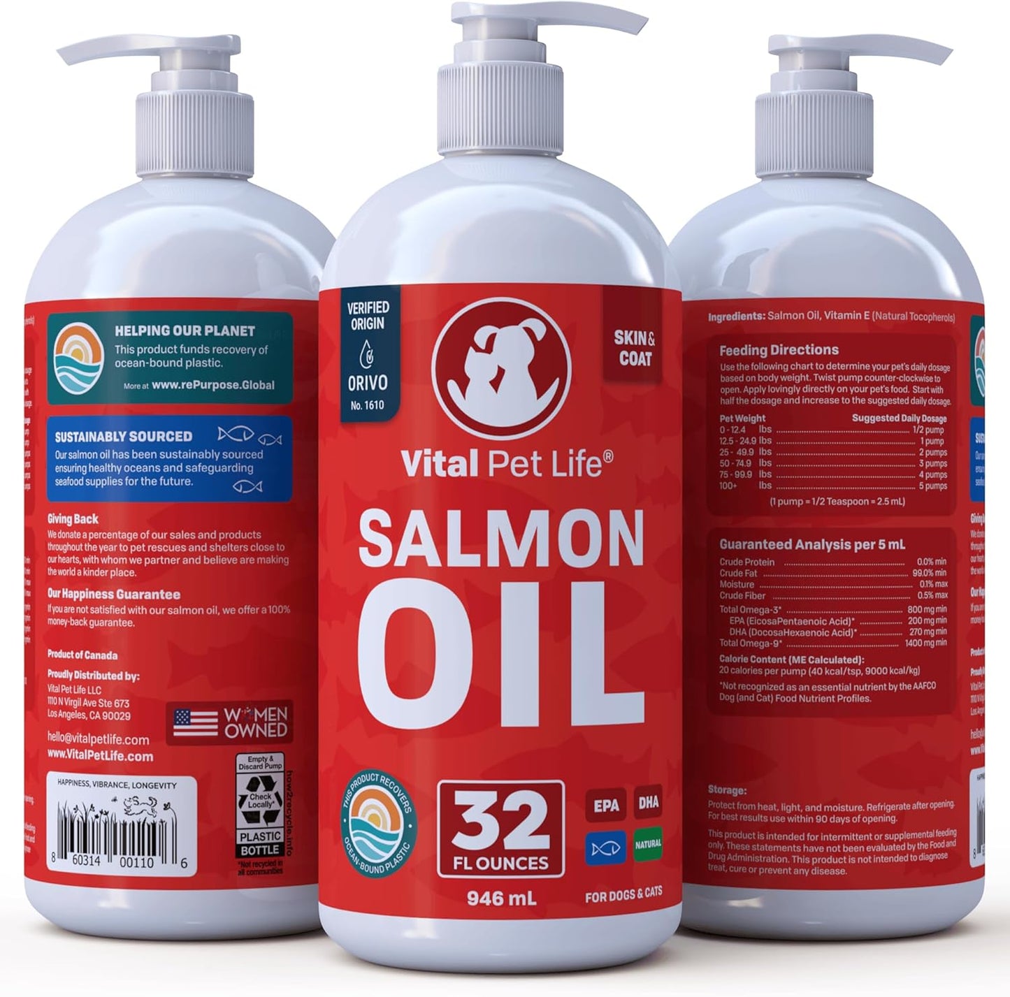 Salmon Oil for Dogs & Cats - Healthy Skin & Coat, Fish Oil, Omega 3 EPA DHA, Liquid Food Supplement for Pets, All Natural, Supports Joint & Bone Health, Natural Allergy & Inflammation Defense, 32 Oz