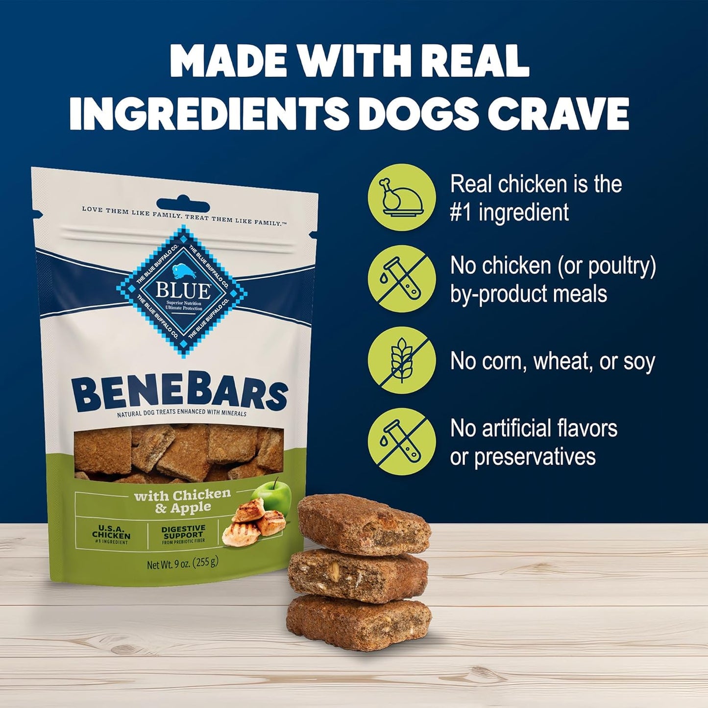 Benebars Digestive Support Dog Treats with Prebiotic Fiber, Made with Natural Ingredients, USA Chicken & Apple, 9-Oz Bag