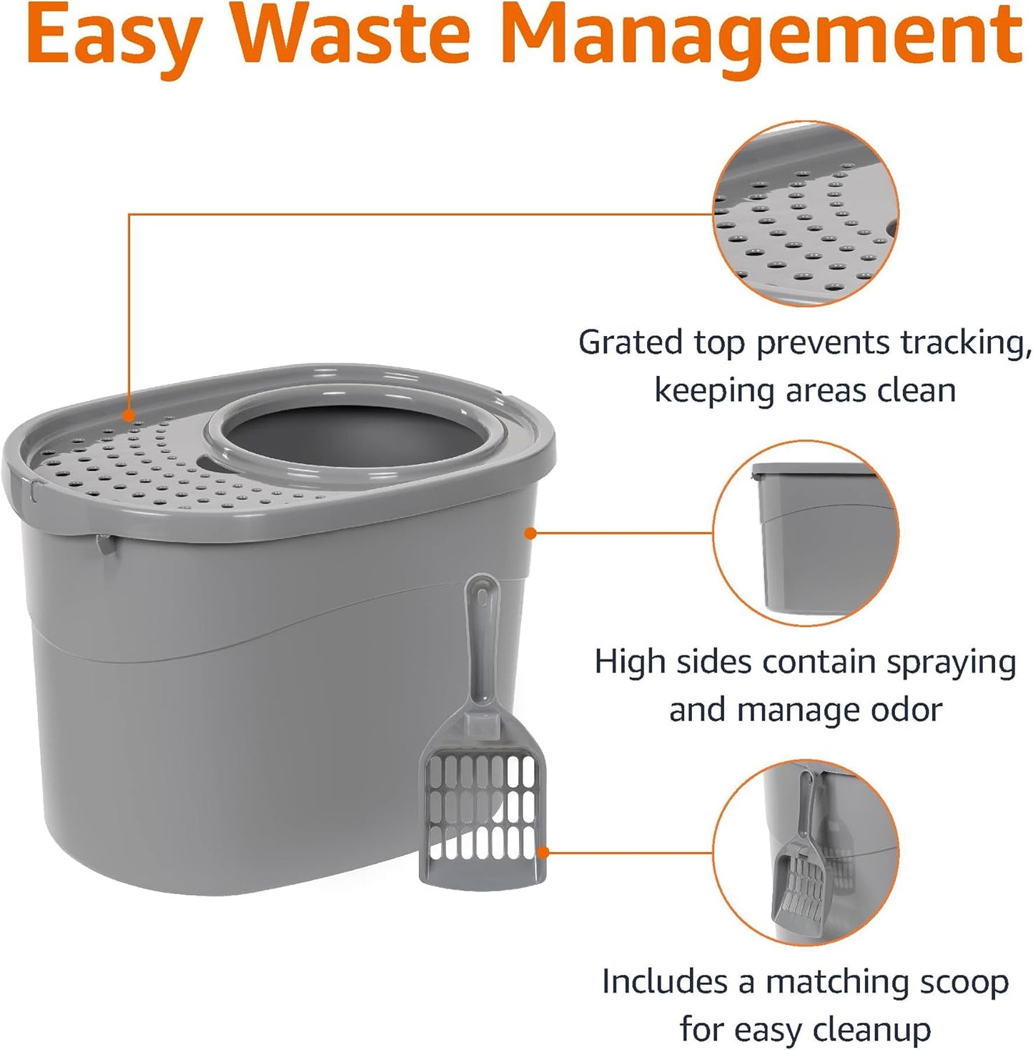 Large Cat Litter Box with High Sides, Top Entry, Includes Scoop, 20.5 X 14.75 X 14.38 Inches, Grey