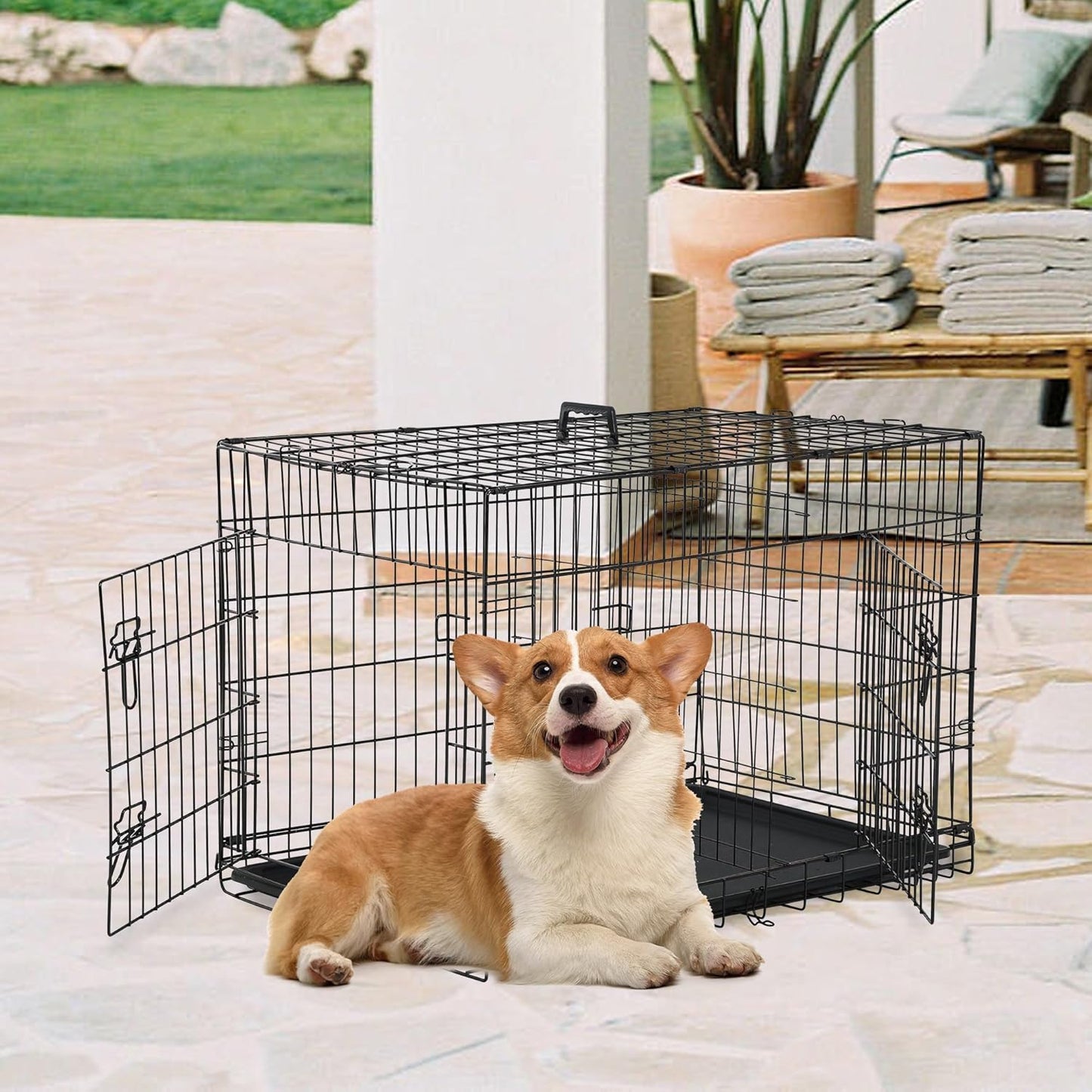 30 Inch Dog Crate Dog Kennel Cage with Double Door Folding Metal Wire Dog Cage with Removable Tray&Divider Panel,Pet Crate for Medium Dogs,Black