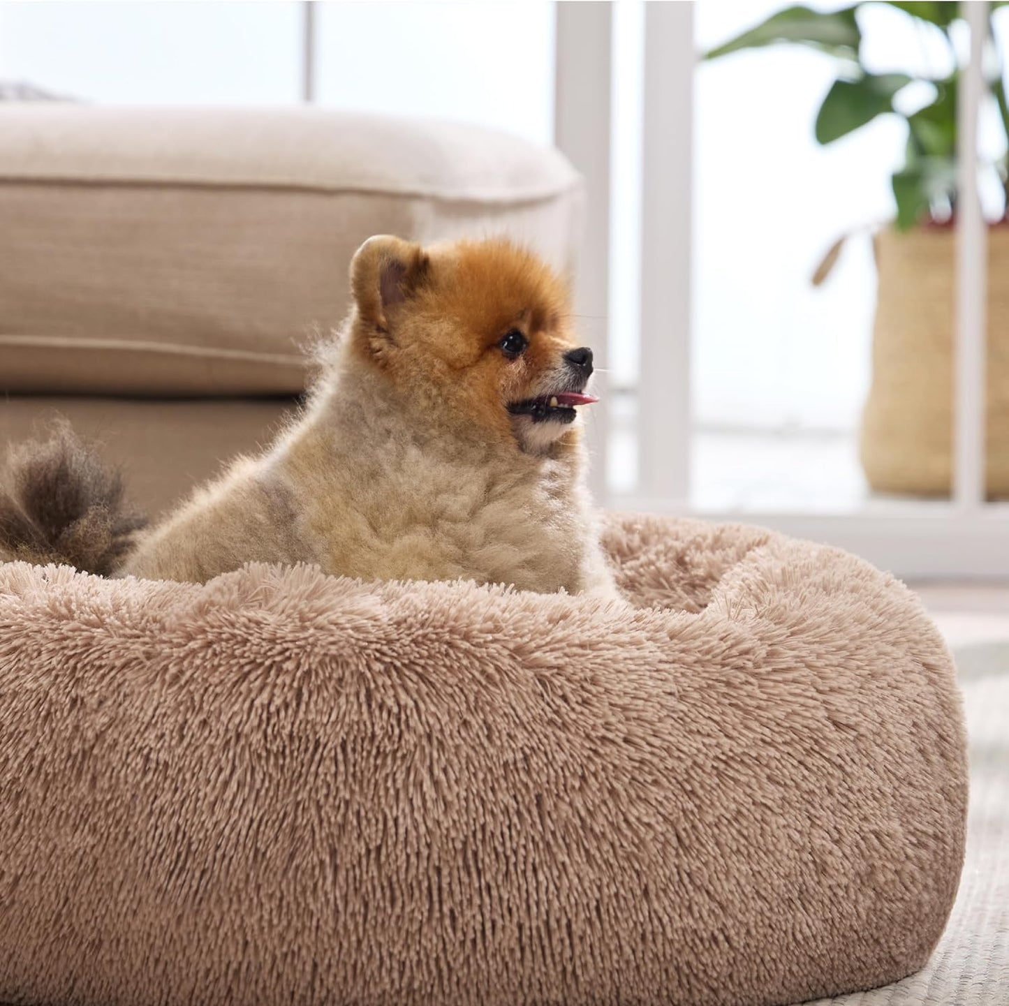 Calming Dog Bed for Small Dogs - Donut Washable Small Puppy Bed, 23 Inches Anti-Slip round Fluffy Plush Faux Fur Large Cat Bed, Fits up to 25 Lbs Pets, Camel
