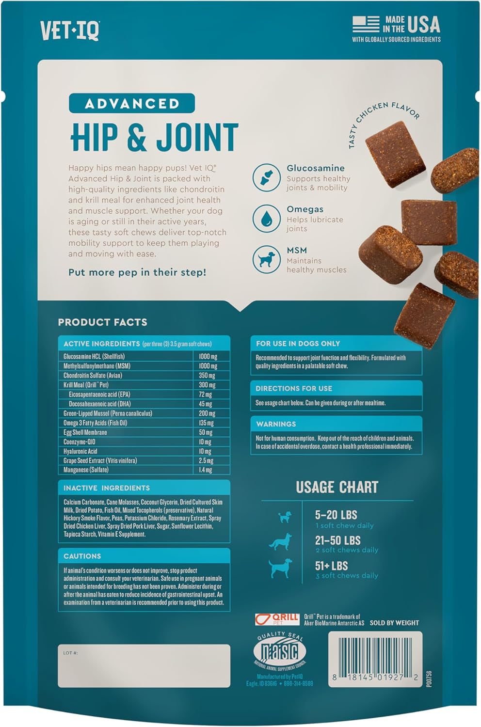 Advanced Hip & Joint Chews for Dogs, 60 Count, Chicken Flavored Supplements Made with Glucosamine, Omega 3’S, Chondroitin, MSM & Green Lipped Mussel, Increases Mobility & Maintains Muscles