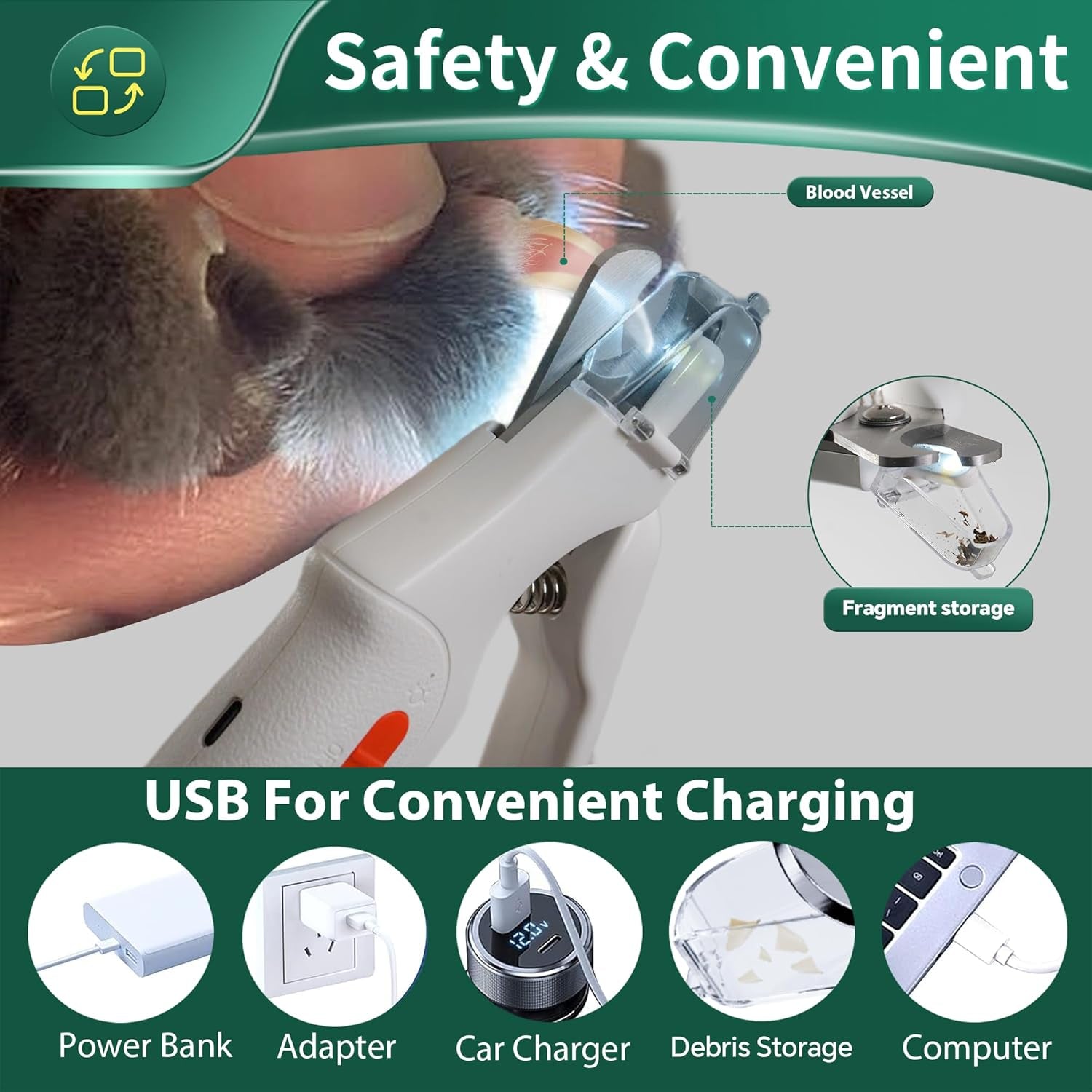 2-In-1 Cat Nail Clippers & Dog Nail Clippers Trimmers for Large Medium Small Dogs Cats Claw Trimmer Quick Sensor and Safety Guard USB Rechargeable with 2 LED Lights Dogs Nail Trimmer