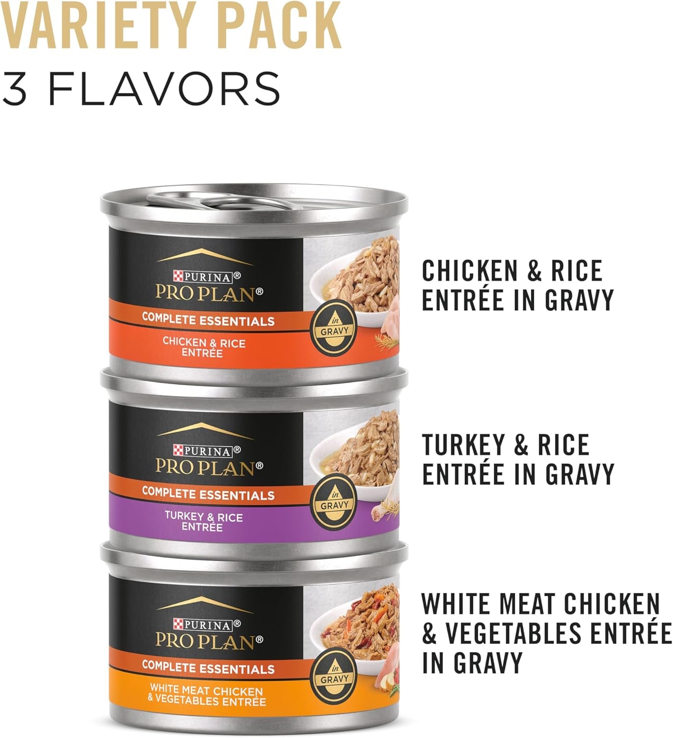Gravy, High Protein Wet Cat Food Variety Pack, Complete Essentials Chicken and Turkey Favorites - (Pack of 24) 3 Oz. Cans