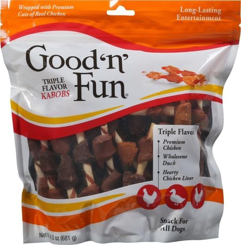 Good ‘N’ Fun Triple Flavor Kabobs Chews for All Dogs, 24 Ounces, Treat Your Dog to Chews Made from Beef Hide, Real Chicken, Pork Hide, Duck and Chicken Liver