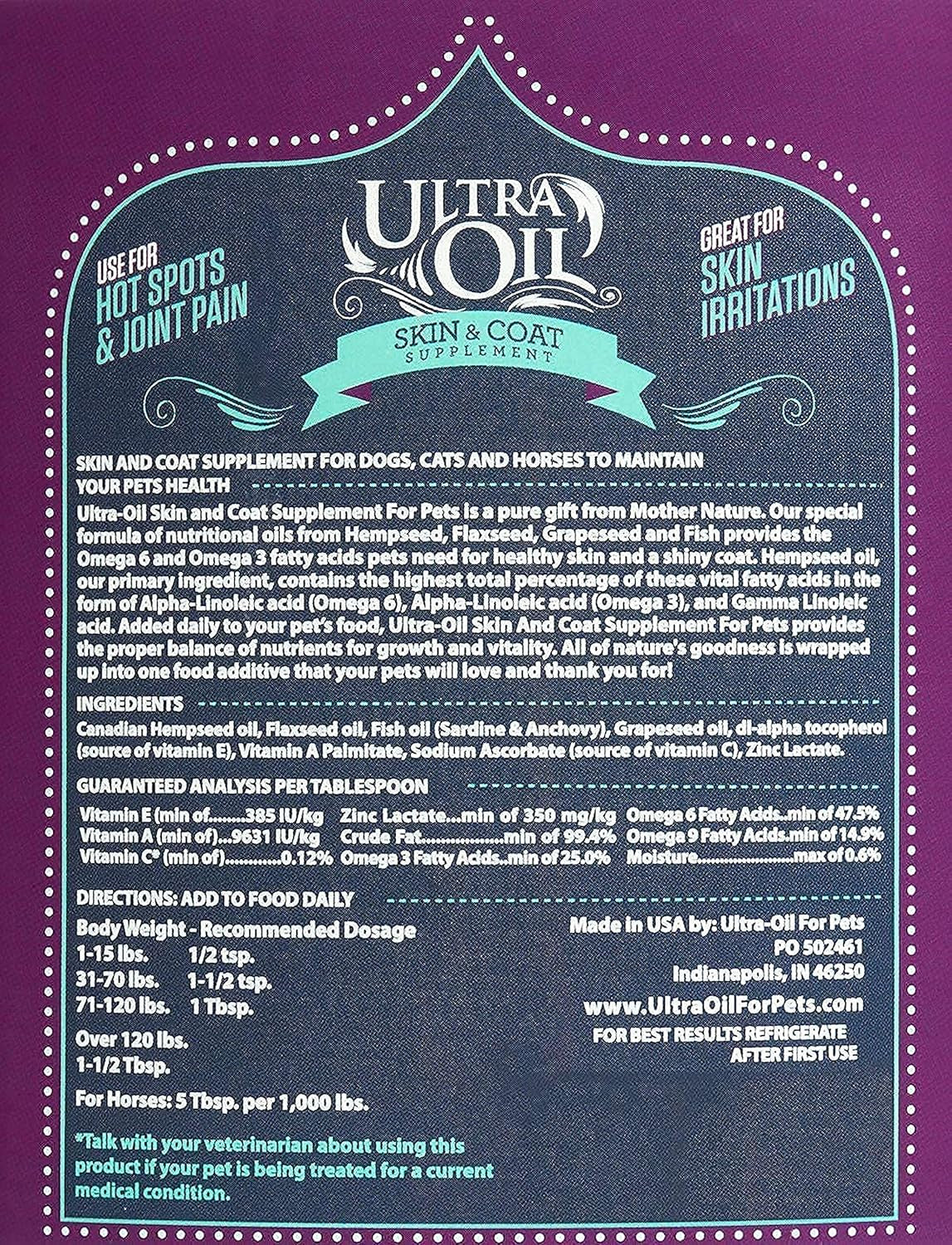 Ultra Oil Skin and Coat Supplement for Dogs and Cats with Hemp Seed, Flaxseed, Grape Seed, and Fish Oils for Relief from Dry Itchy Skin, Dull Coat, Hot Spots, Dandruff, and Allergies, (16 Oz)