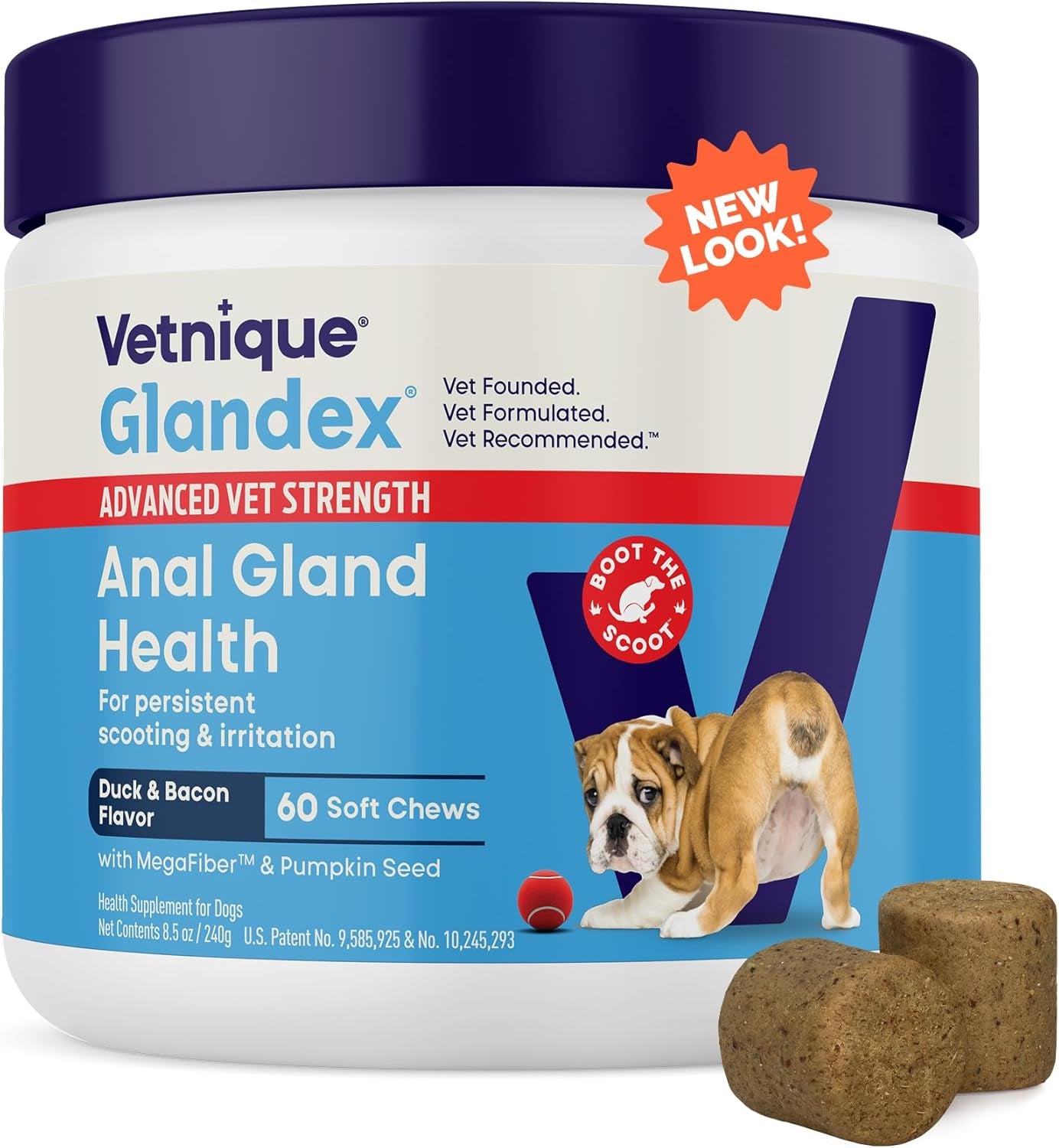 Glandex Anal Gland Soft Chew Treats with Pumpkin for Dogs Digestive Enzymes, Probiotics Fiber Supplement for Dogs Boot the Scoot (Advanced Strength Duck/Bacon Chews (Vegetarian), 60 Ct)