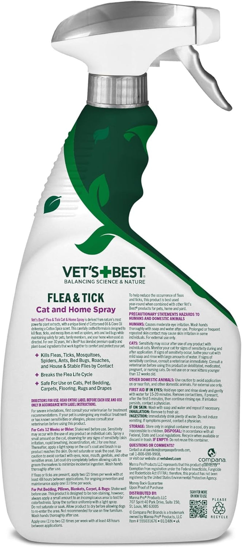 Natural Cat Flea & Tick Home Spray – Natural Plant-Based Pest Control with Cotton Spice Scent – Indoor Mist Flea Treatment for Cats – Safe & Gentle Formula Made in USA – 32 Oz