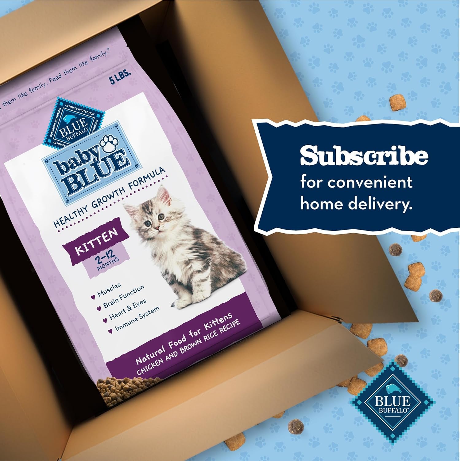 Baby Blue Natural Dry Food for Kittens, Healthy Growth Formula with DHA, Chicken and Brown Rice Recipe, 5-Lb Bag