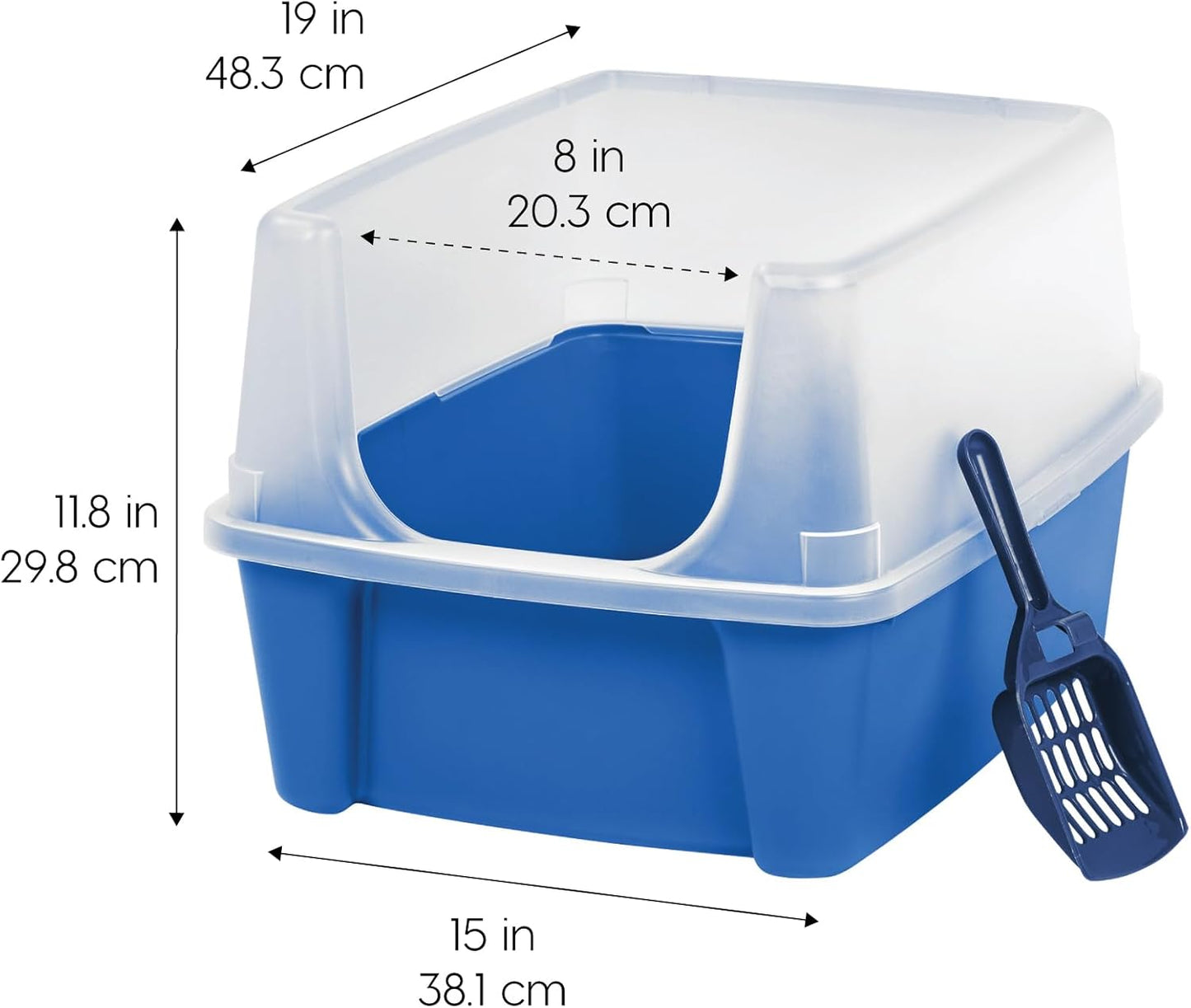 USA Large Cat Litter Box with Scatter Shield and Scoop, Open Top High Sided Cat Litter Pan, Blue