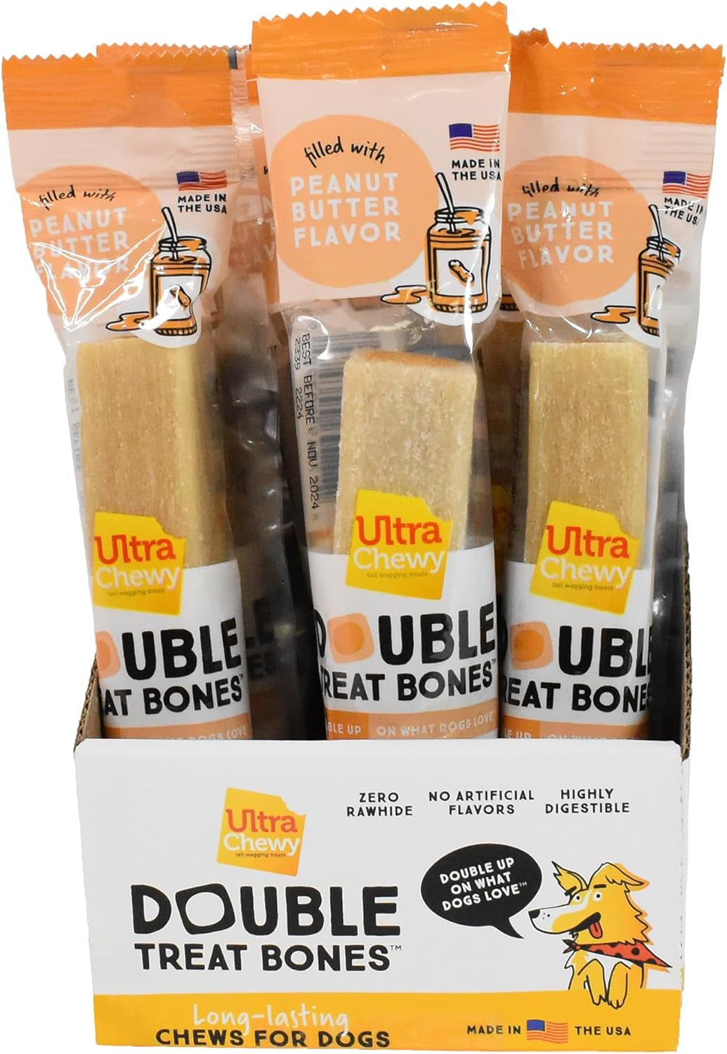 Peanut Butter Double Treat Bones: Long-Lasting Dog Treats Made in USA for Large and Small Breeds, Highly Digestible, Ideal for Aggressive Chewers (12 Count)