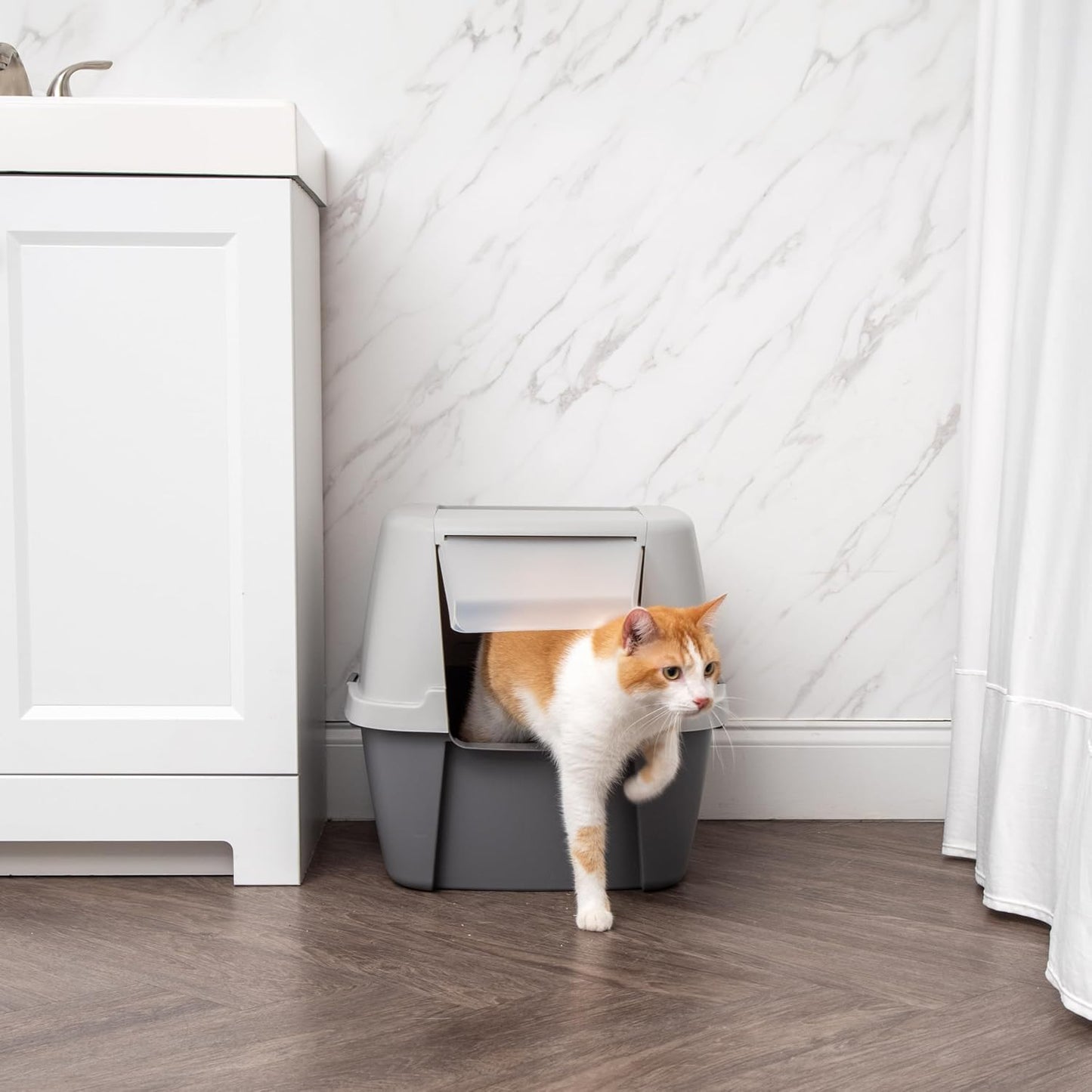 USA Cat Litter Box with Front Door Flap and Scoop, Covered Kitty Box with Handle and Buckles for Portability and Privacy, Dark Gray