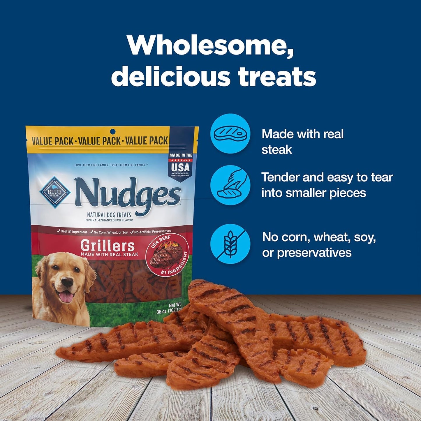 Nudges Grillers Natural Dog Treats with Real USA Beef, Made in the USA, Steak, 36-Oz Bag