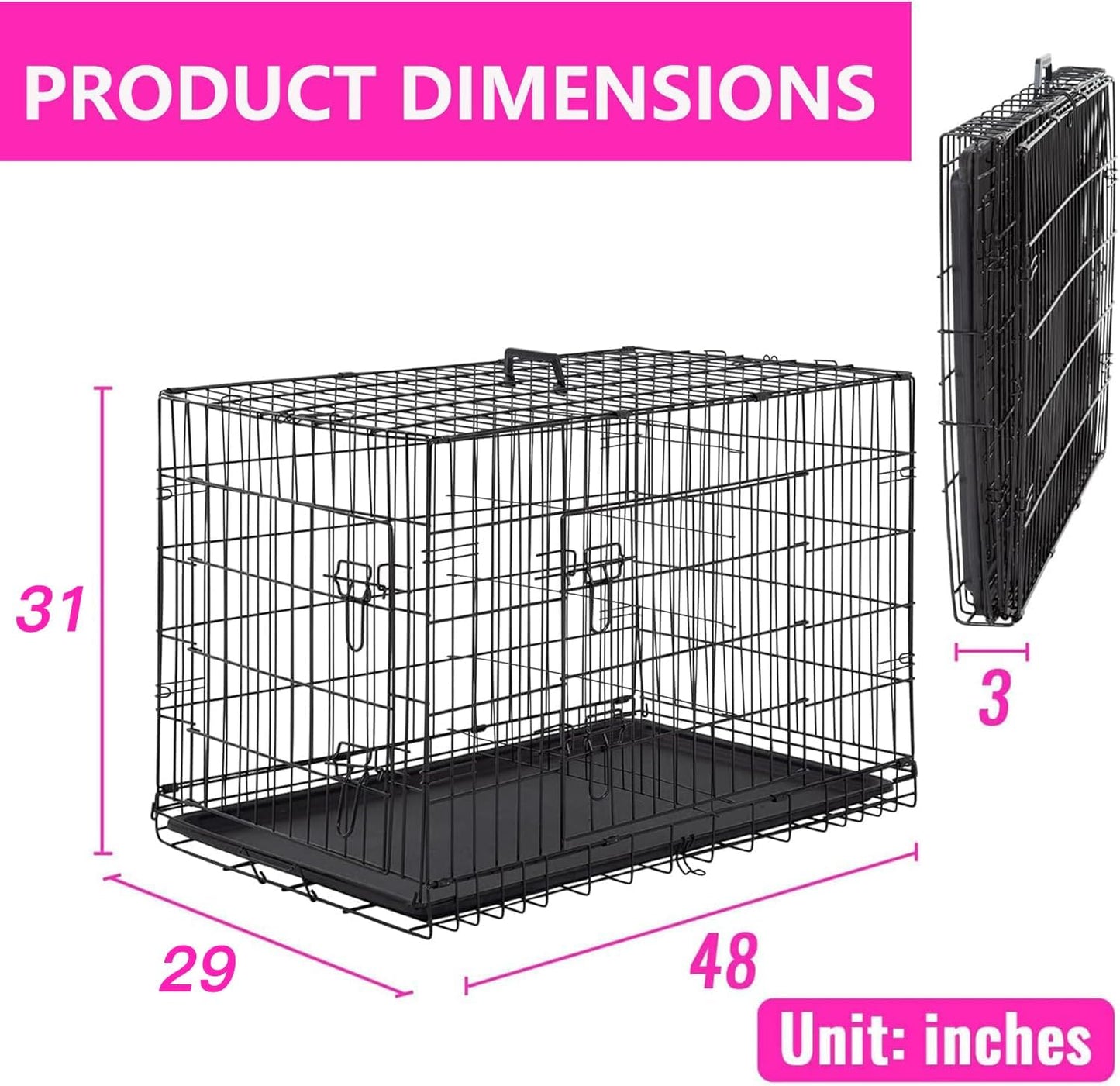 Dog Crate for Large Dogs 48 Inch Folding Metal Wirepet Cage Double Door W/Divider Panel Indoor Outdoor Kennel Leak-Proof Plastic Tray,Black