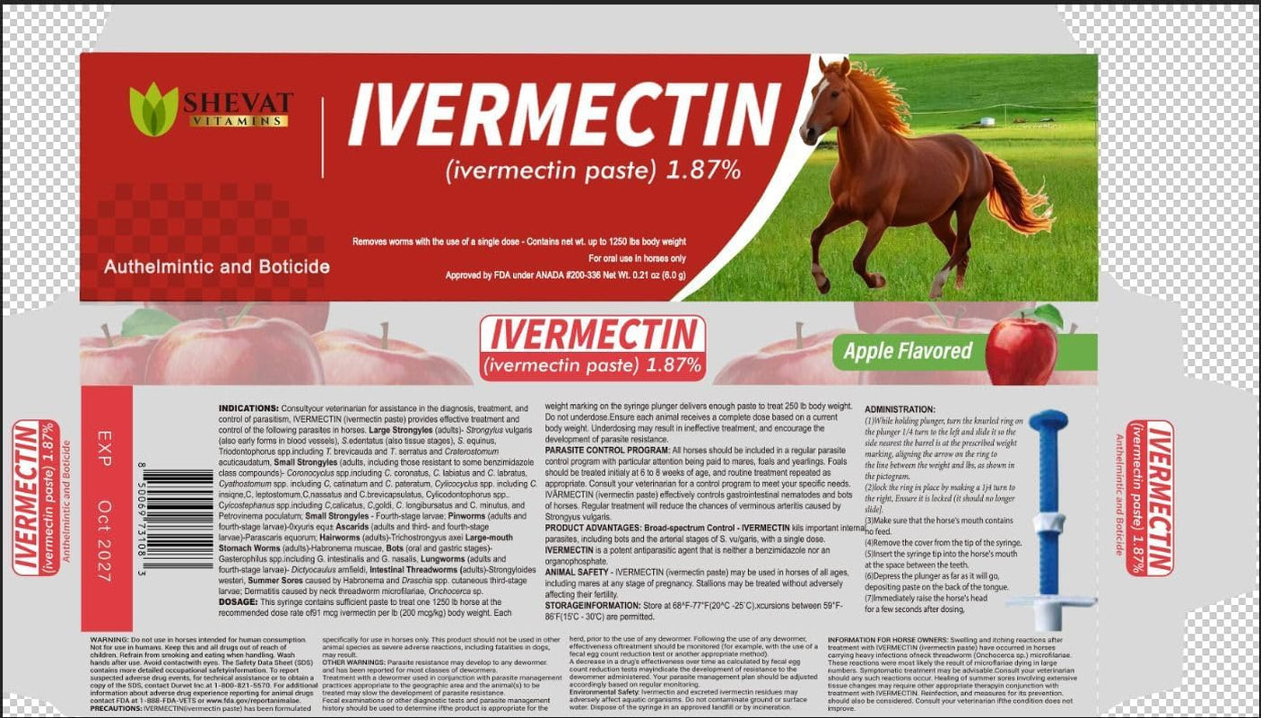 Ivermectin Horse Paste 1.87% – Apple Flavored – 6.08G Tube – for Horses up to 1250 Lb