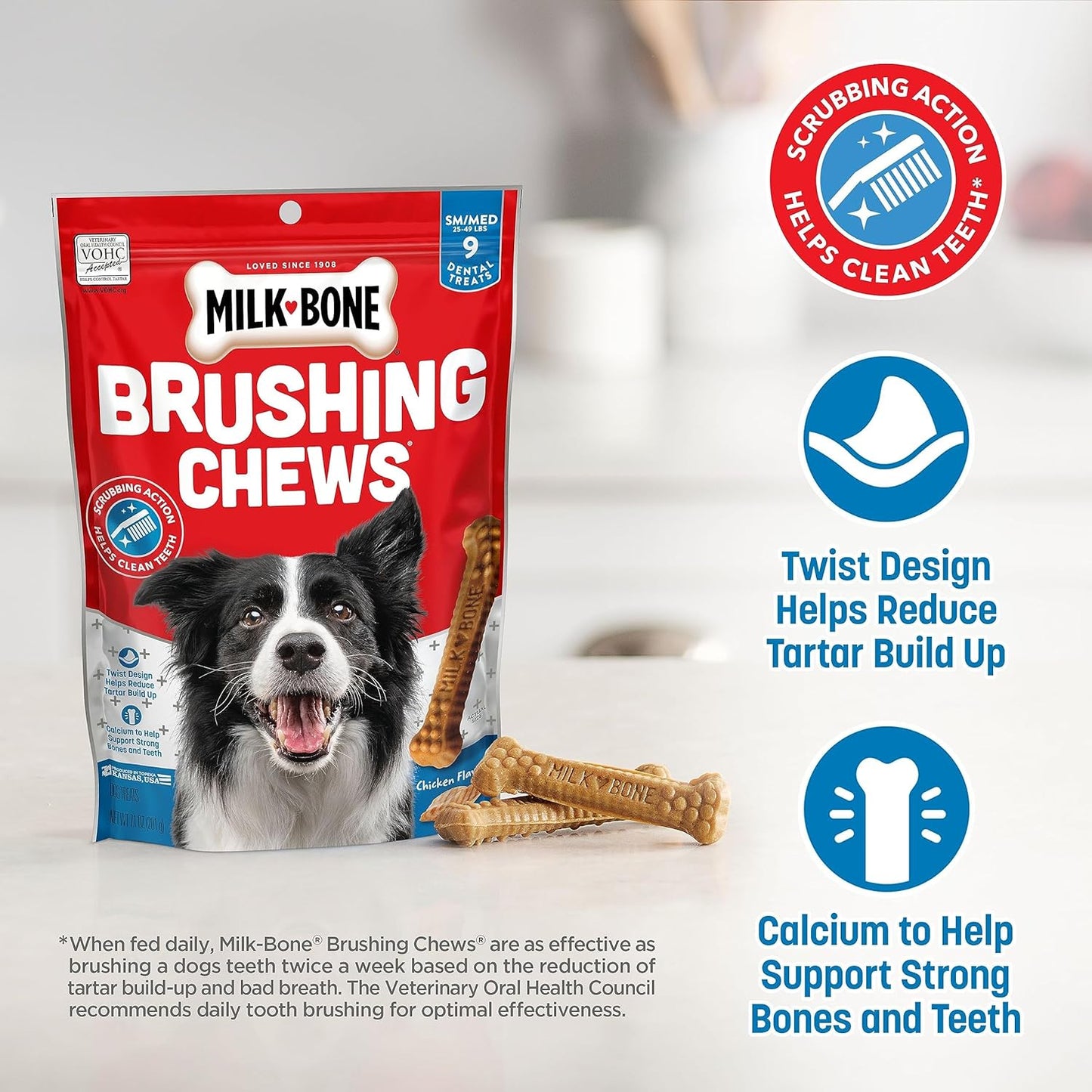Original Brushing Chews, 25 Small/Medium Daily Dental Dog Treats Scrubbing Action Helps Clean Teeth
