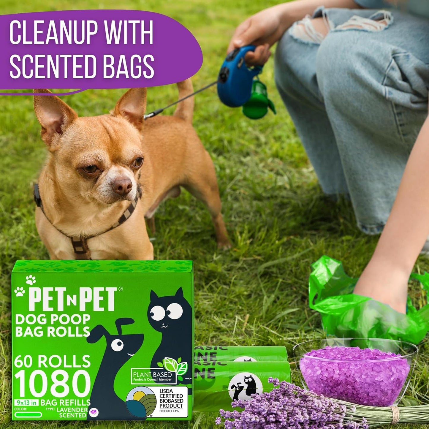 1080 Counts Green Poop Bags for Dogs, 41% Plant Based & 59% PE Extra Thick Dog Poop Bags Rolls, 9" X 13", Lavender Scented Pet Waste Bag