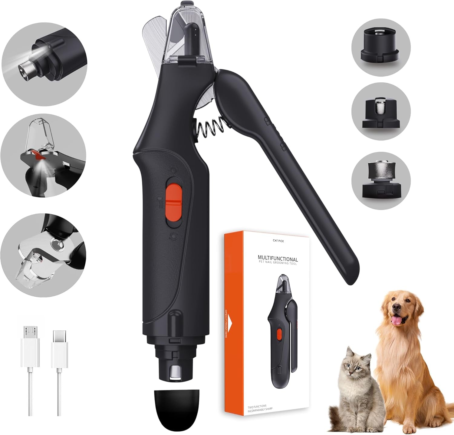 2-In-1 Cat Nail Clippers & Dog Nail Clippers Trimmers for Large Medium Small Dogs Cats Claw Trimmer Quick Sensor and Safety Guard USB Rechargeable with 2 LED Lights Dogs Nail Trimmer