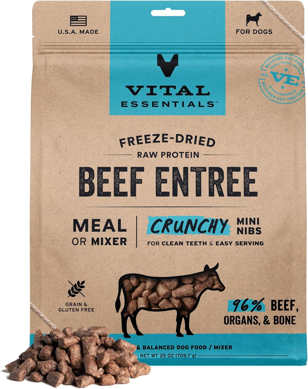Freeze-Dried Raw Beef Meal or Mixer Dog Food Crunchy Mini Nibs, 25 Oz
