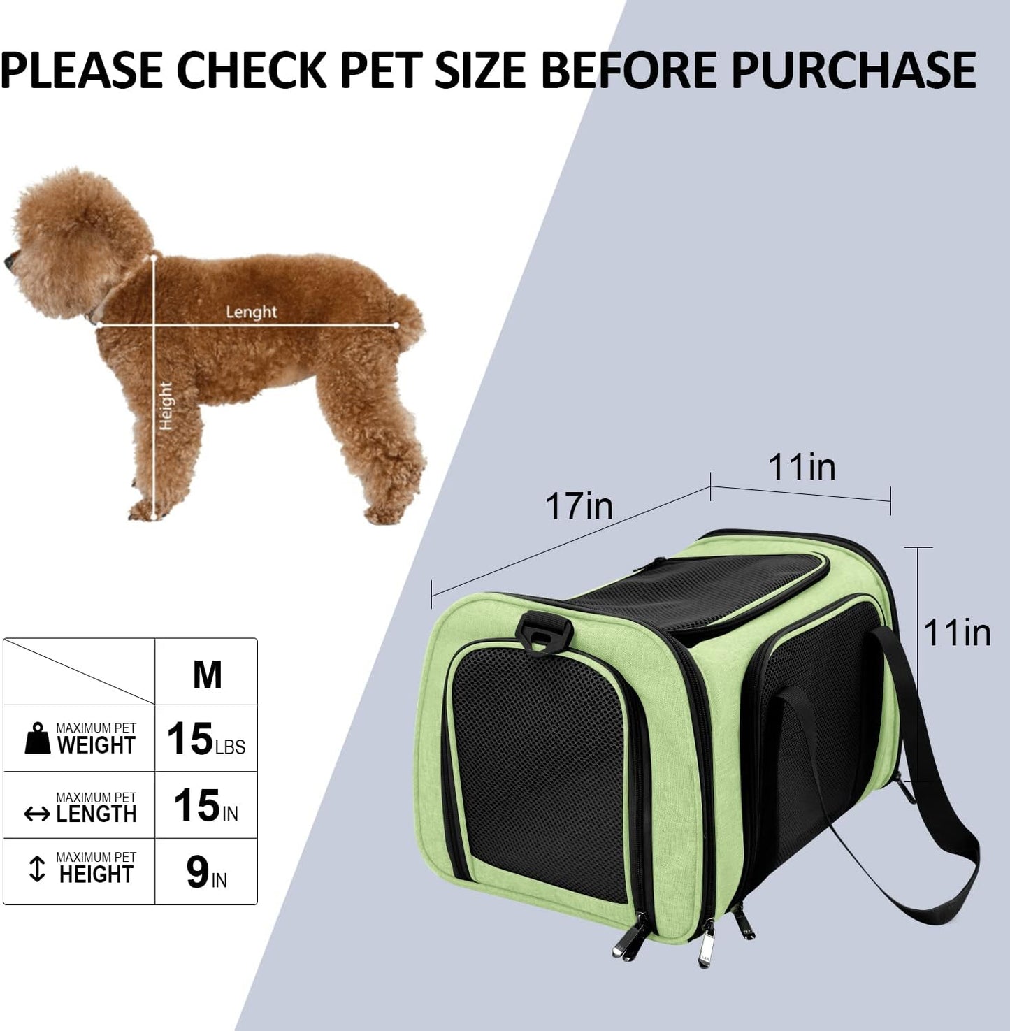 Pet Carrier for Small Medium Cats Dogs Puppies up to 15 Lbs, Airline Approved Small Dog Carrier Soft Sided, Collapsible Travel Puppy Carrier - Green