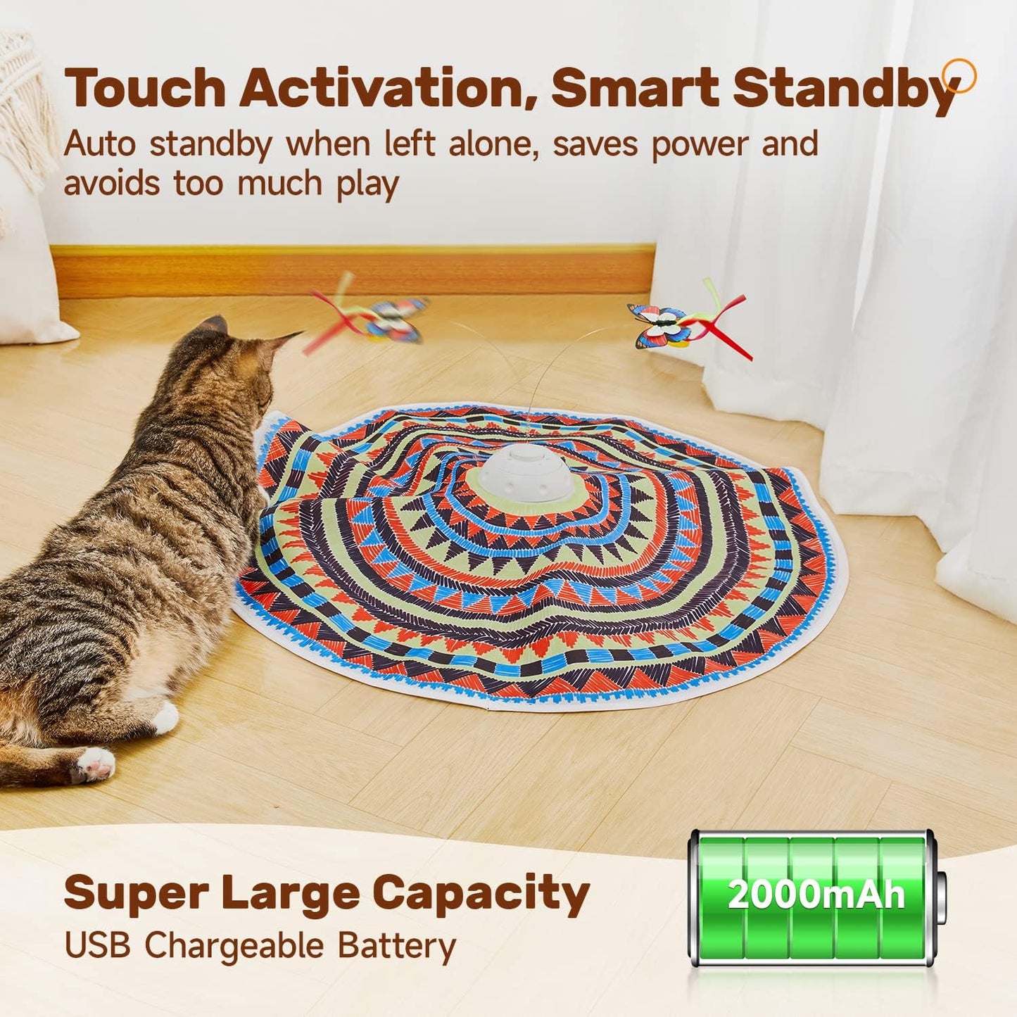 Cat Toys Chargeable, 3In1 Hide and Seek, Automatic Interactive Fun, Fluttering Butterfly, Moving Feather, Kitten Wand, Indoor Kitty Exercise Kicker 22.8 Inch Cover for All Breeds
