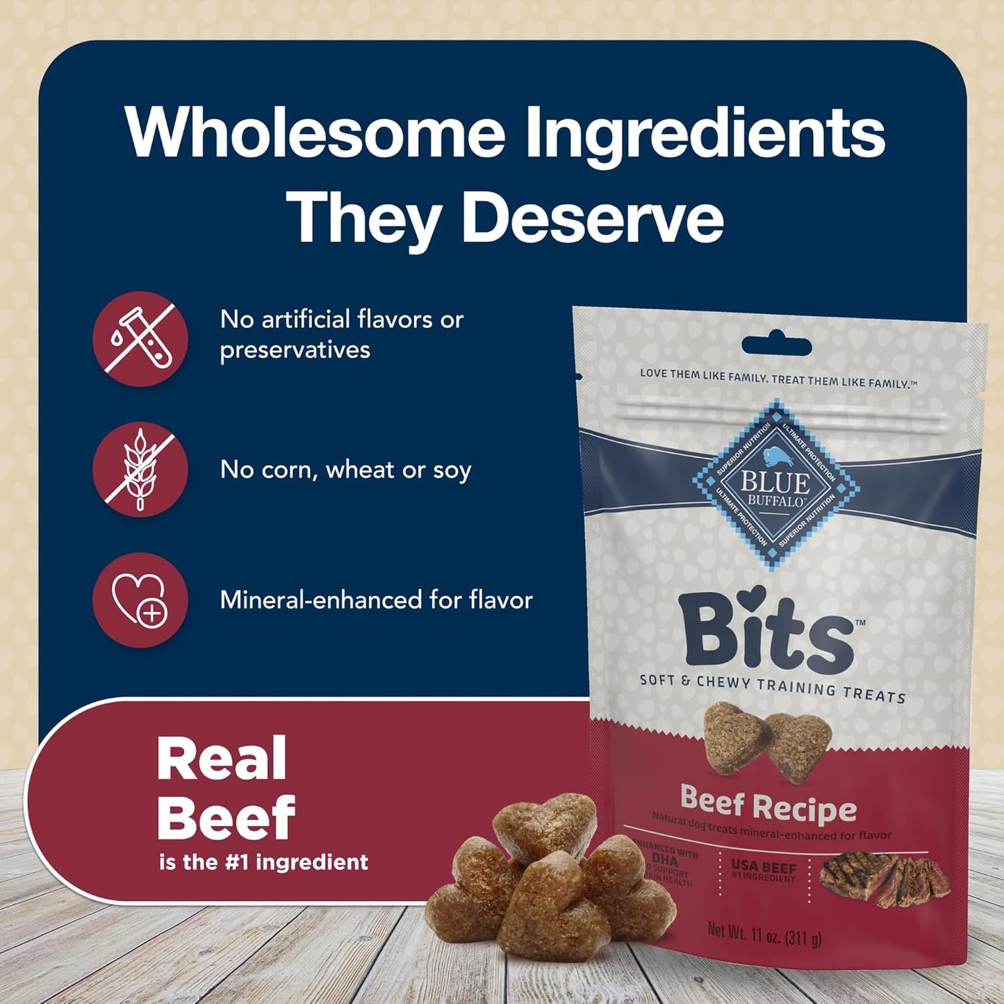 Bits Soft Dog Treats for Training, Made with Natural Ingredients & Enhanced with DHA, Beef Recipe, 11-Oz Bag