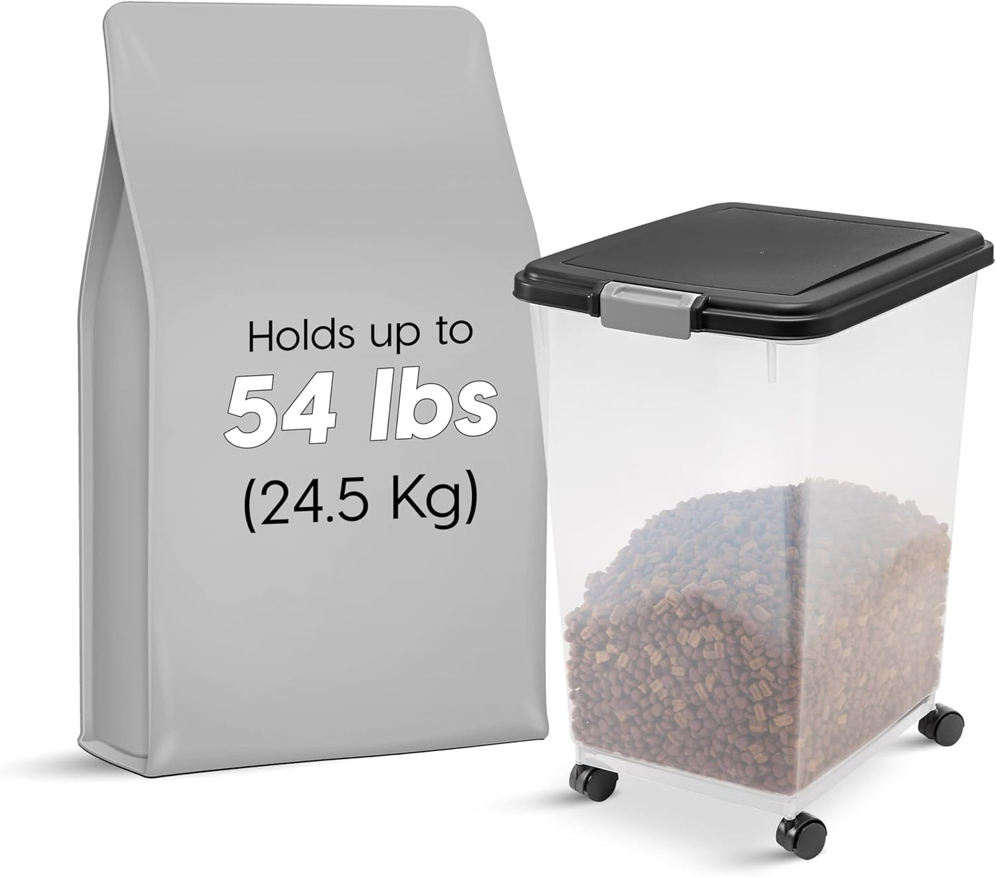 Airtight Dog Food Storage Container, up to 54 Lbs, Attachable Wheels, for Dog Cat Bird and Other Pet Food Storage Bin, Keep Fresh, Translucent Body, Easy Mobility, Black