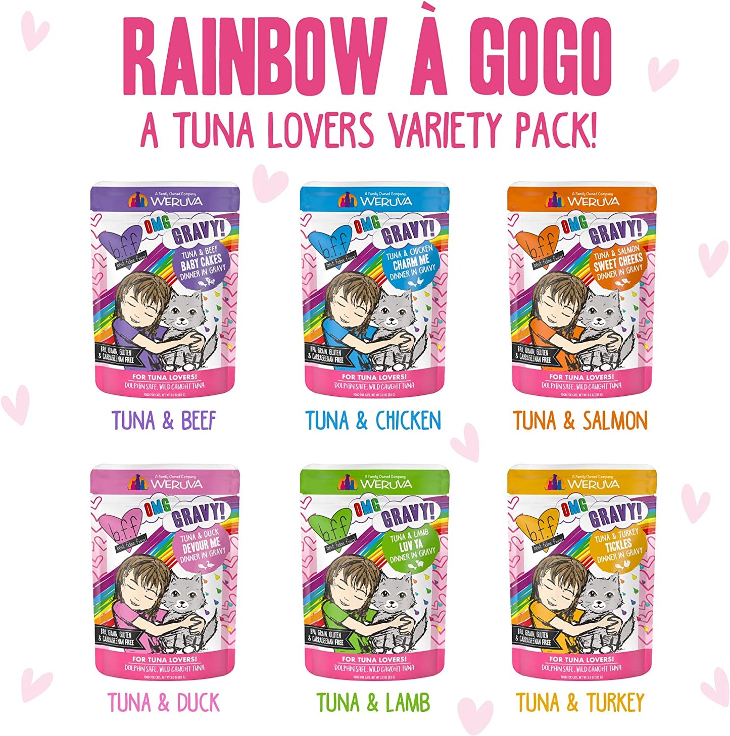 B.F.F. OMG - Best Feline Friend Oh My Gravy!, Rainbow a Gogo Variety Pack! Cat Food, 3Oz Pouch (Pack of 12)
