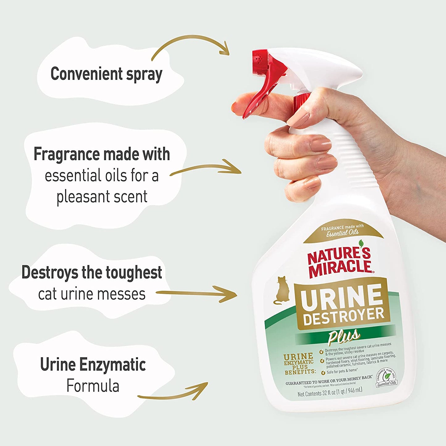 Nature’S Miracle Urine Destroyer plus Cat, 32 Ounces, Enzymatic Formula, Ready-To-Use