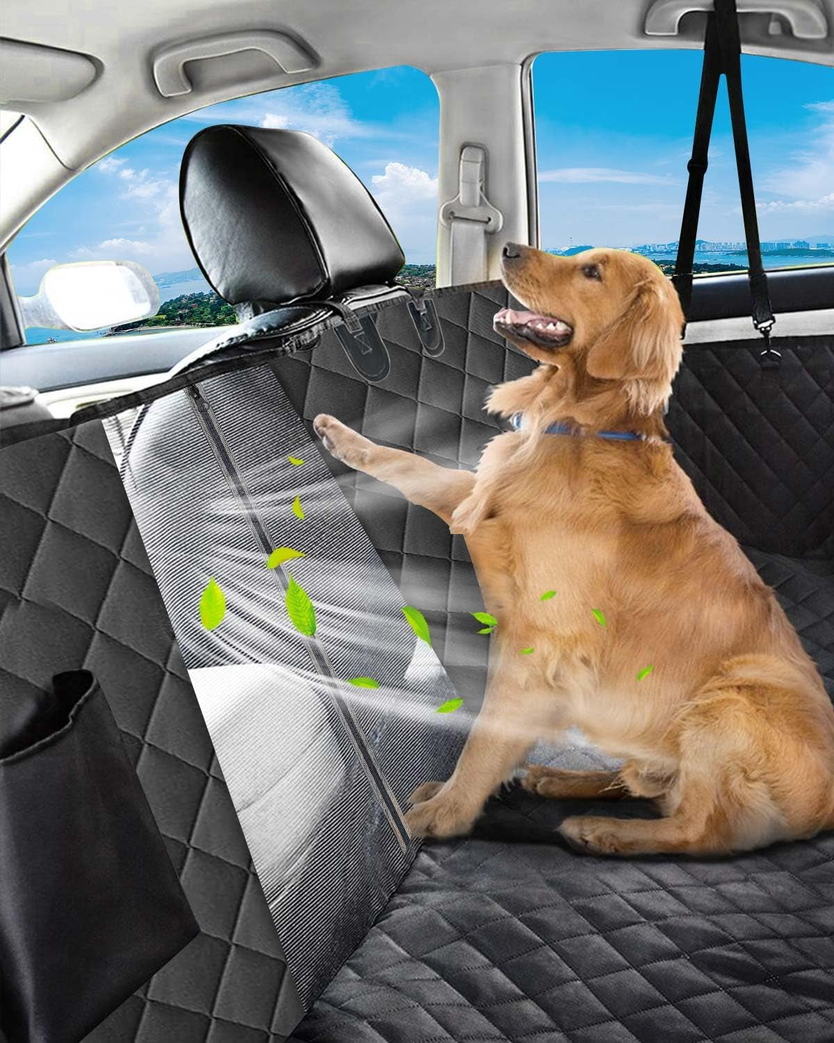 Dog Car Seat Cover, 600D Heavy Durable Dog Seat Cover for Back Seat, 100% Waterproof Scratch Proof Nonslip Dog Hammock for Car with Side Flap, Pet Back Seat Covers for Car with Seatbelt Black