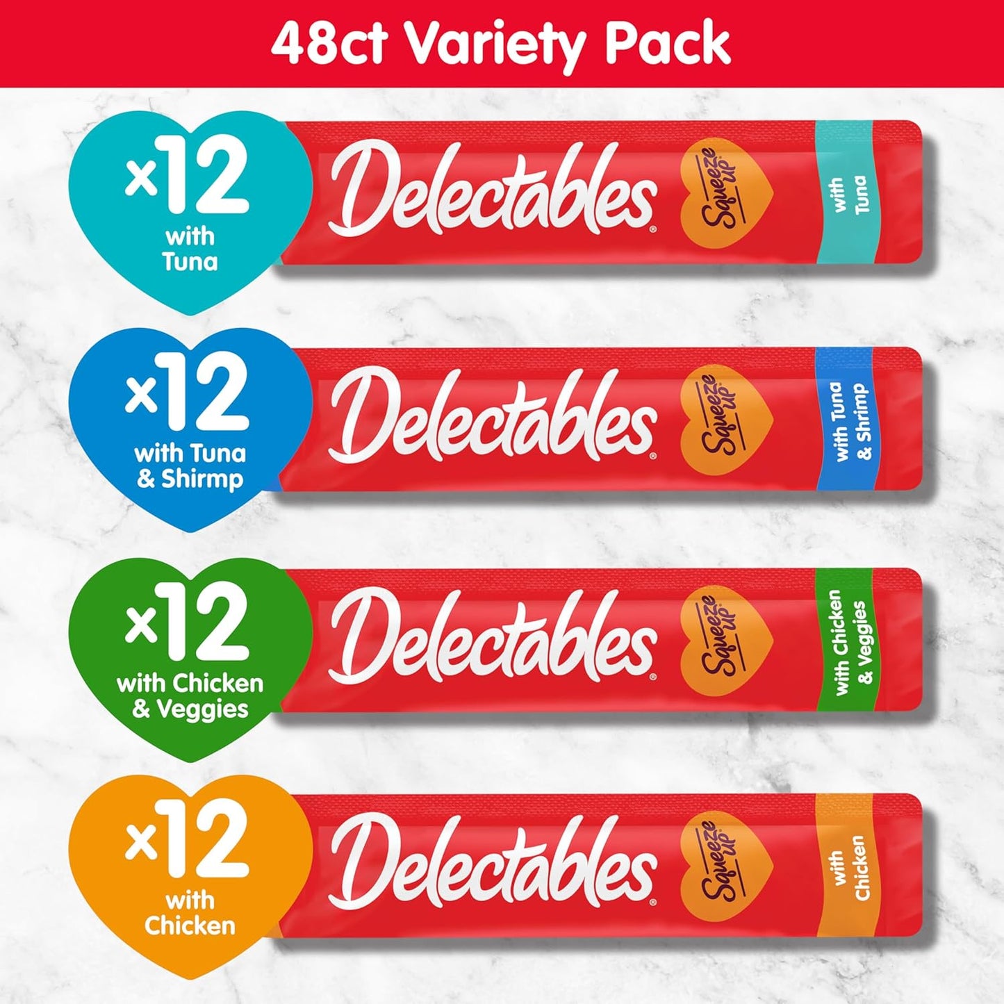 Delectables Squeeze up Variety Pack, Creamy Squeezable Puree, Lickable Wet Cat Treats, Grain Free, No Added Fillers, No By-Products, No Added Preservatives, 0.5 Ounces Tube, 48 Tubes Total